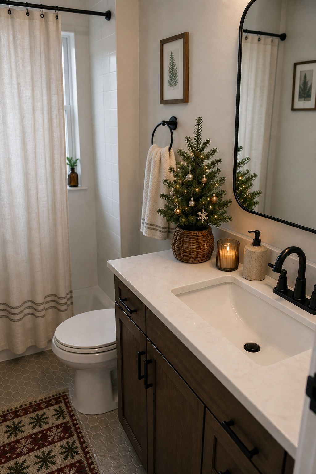 Add a Mini Christmas Tree to the Vanity small apartment idea for Top 17 Bathroom Christmas Decor Ideas for Small Apartments.