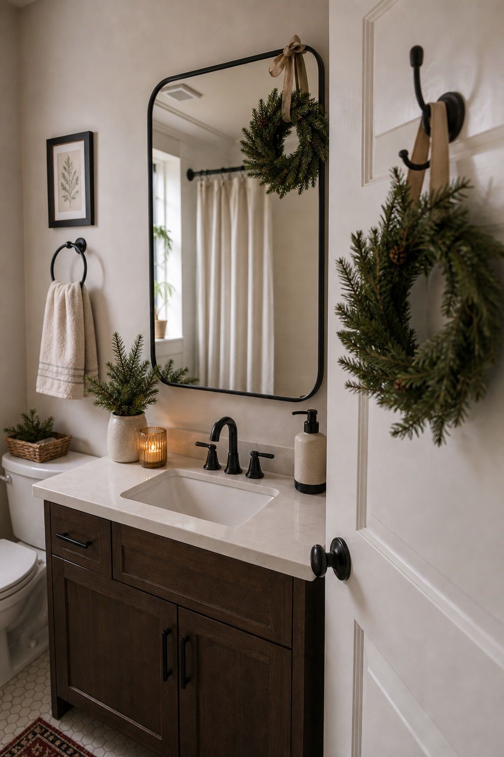 Hang a Small Wreath on the Mirror or Door small apartment idea for Top 17 Bathroom Christmas Decor Ideas for Small Apartments.