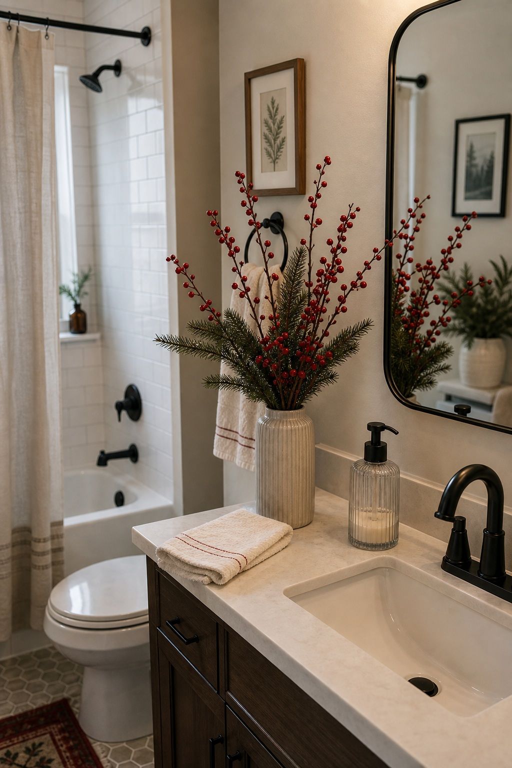 Use Faux Berries and Branches for Color small apartment idea for Top 17 Bathroom Christmas Decor Ideas for Small Apartments.
