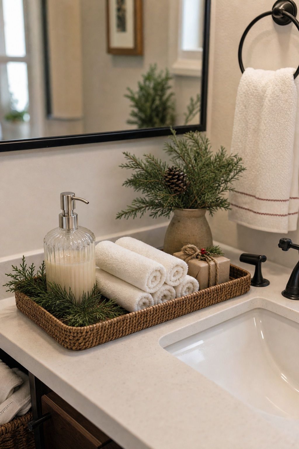Build One Styled Vanity Vignette small apartment idea for Top 17 Bathroom Christmas Decor Ideas for Small Apartments.