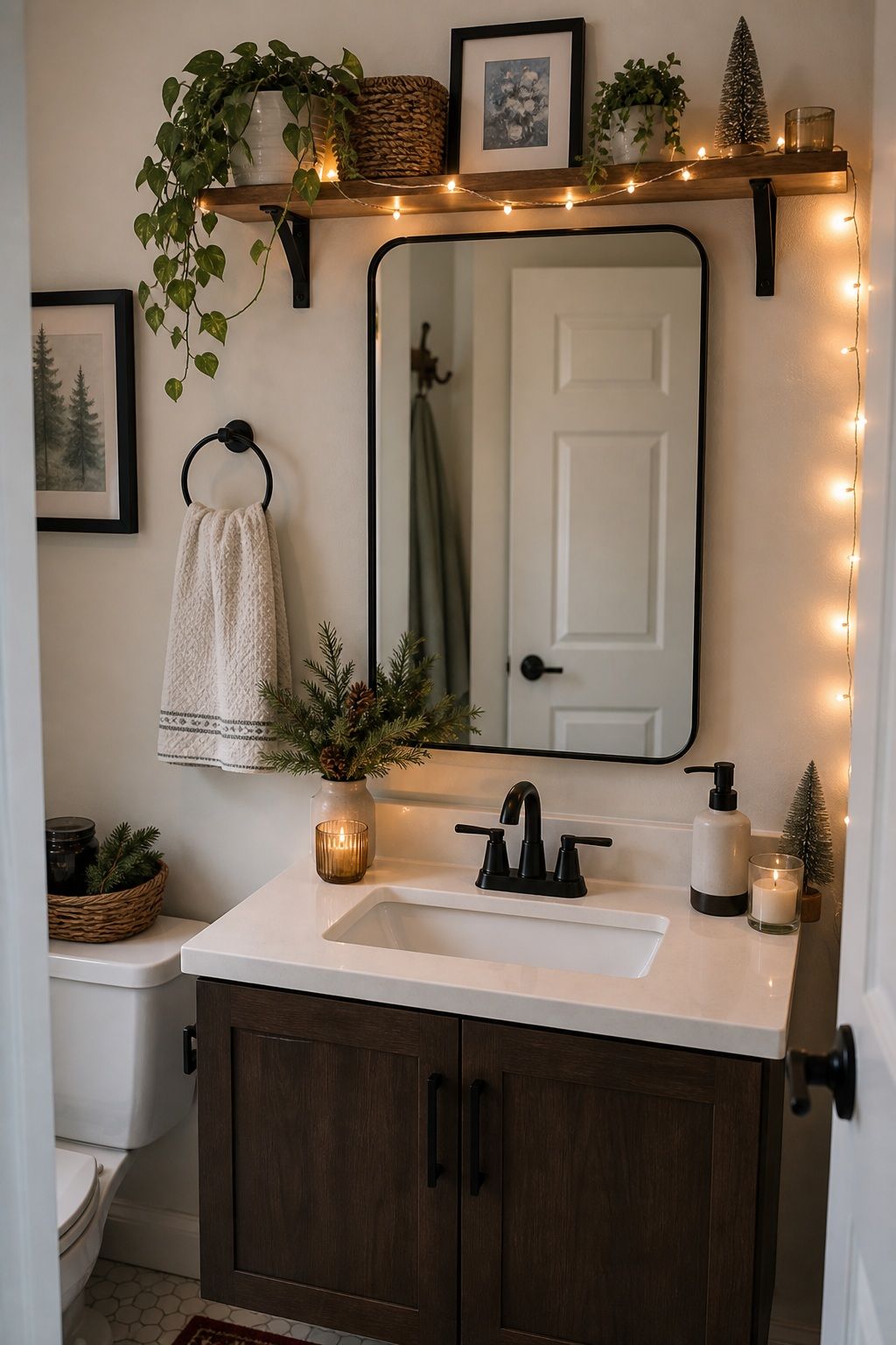 Add Warm Fairy Lights, Carefully Placed small apartment idea for Top 17 Bathroom Christmas Decor Ideas for Small Apartments.