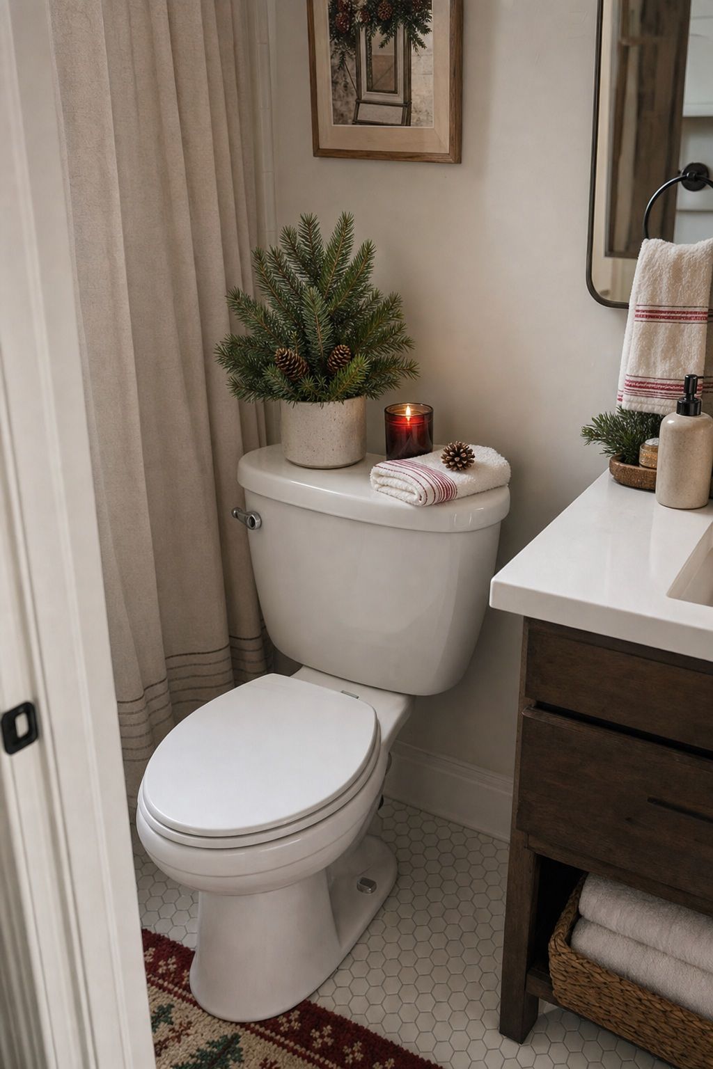 Style the Back of the Toilet Tank small apartment idea for Top 17 Bathroom Christmas Decor Ideas for Small Apartments.