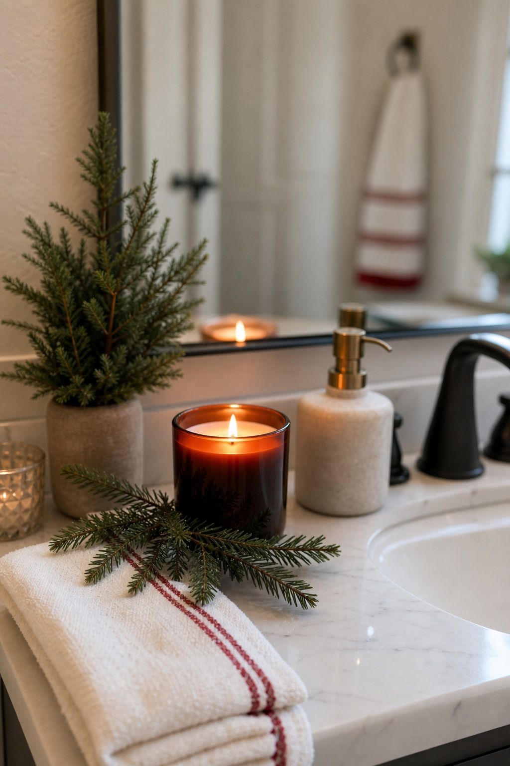 Bring in a Holiday-Scented Candle small apartment idea for Top 17 Bathroom Christmas Decor Ideas for Small Apartments.