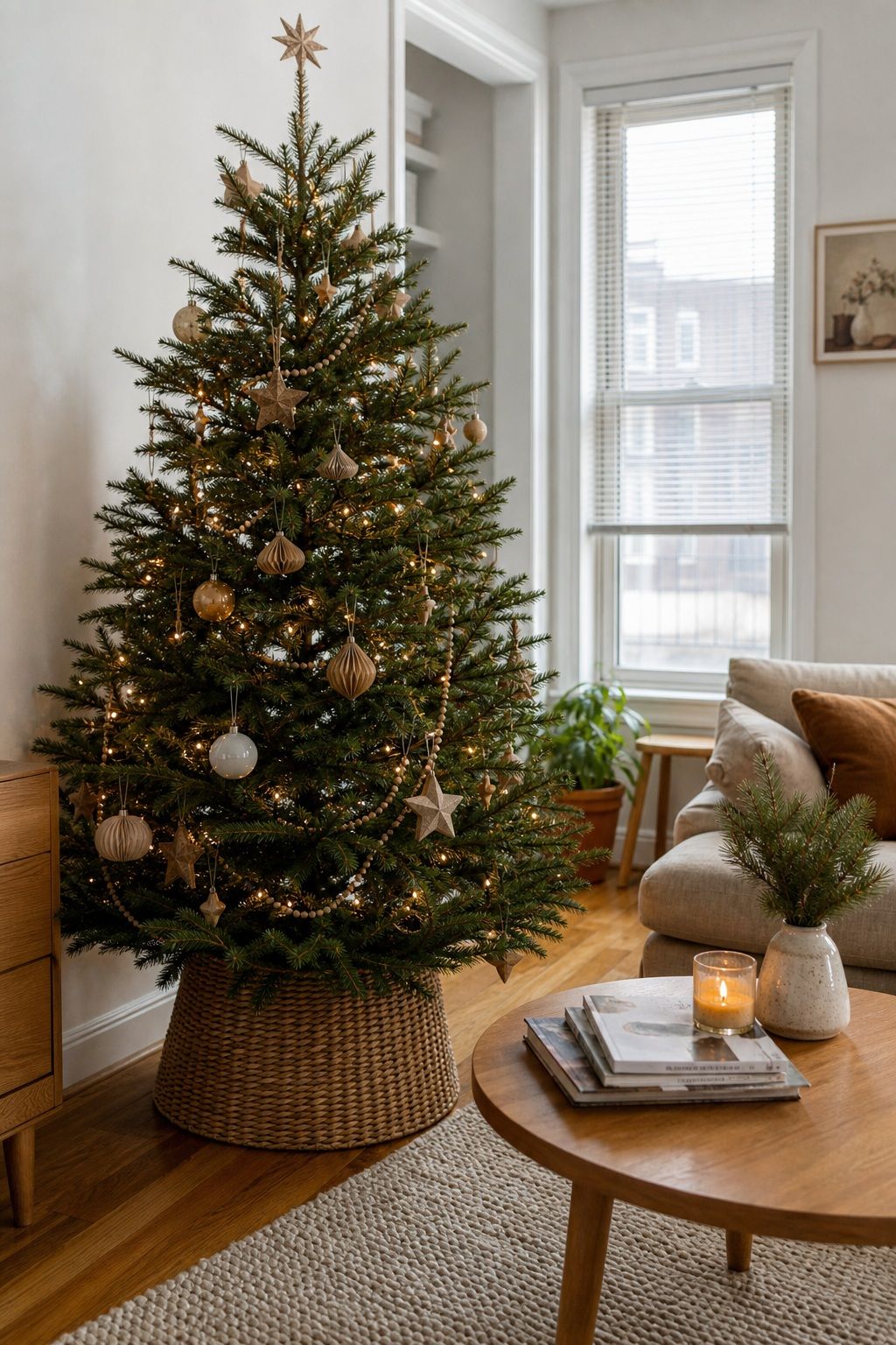 A Neutral Tree in Warm Wood Tones small apartment idea for Top 18 Boho Christmas Decor Ideas for Small Apartments.