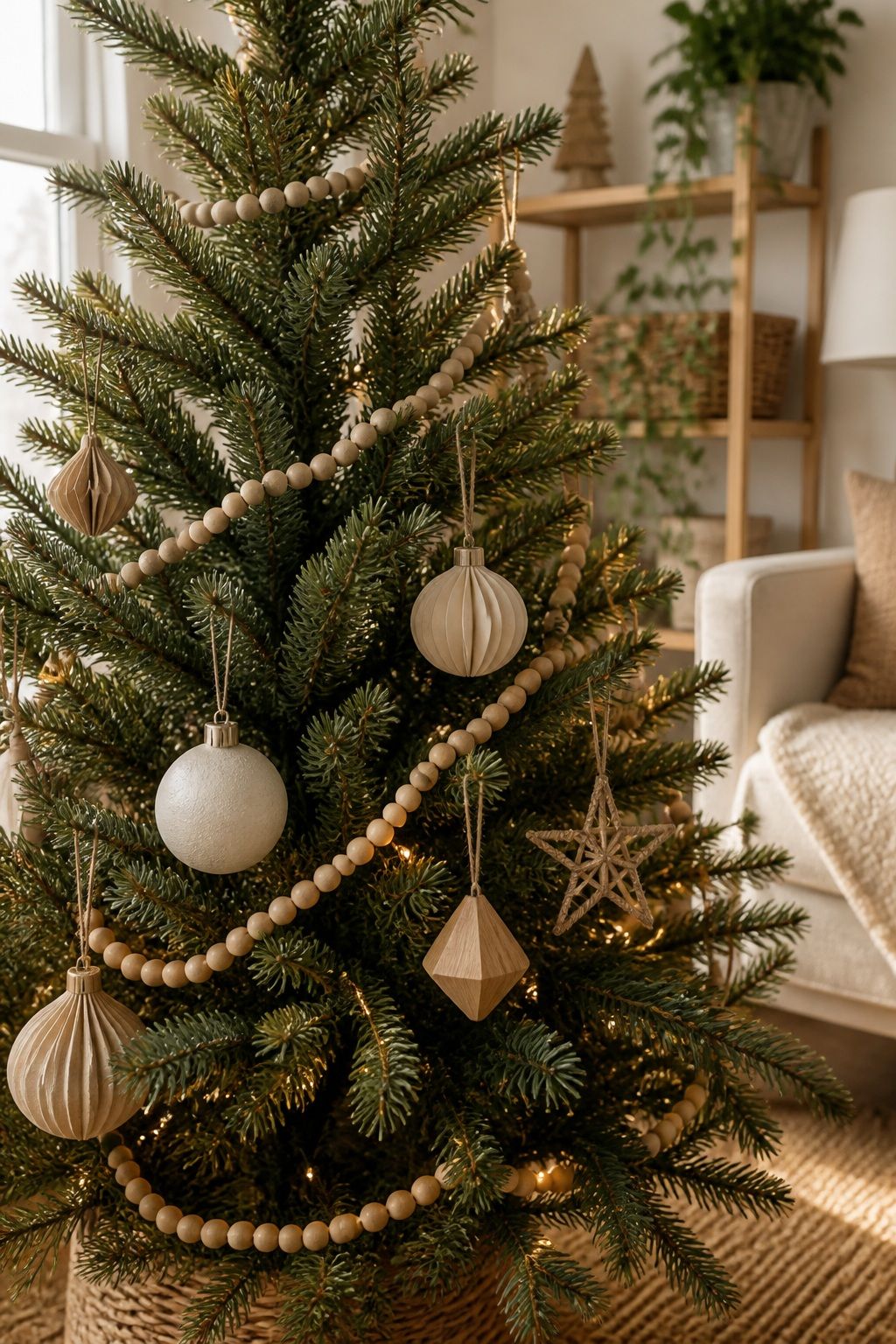 Layer a Wood Bead Garland small apartment idea for Top 18 Boho Christmas Decor Ideas for Small Apartments.