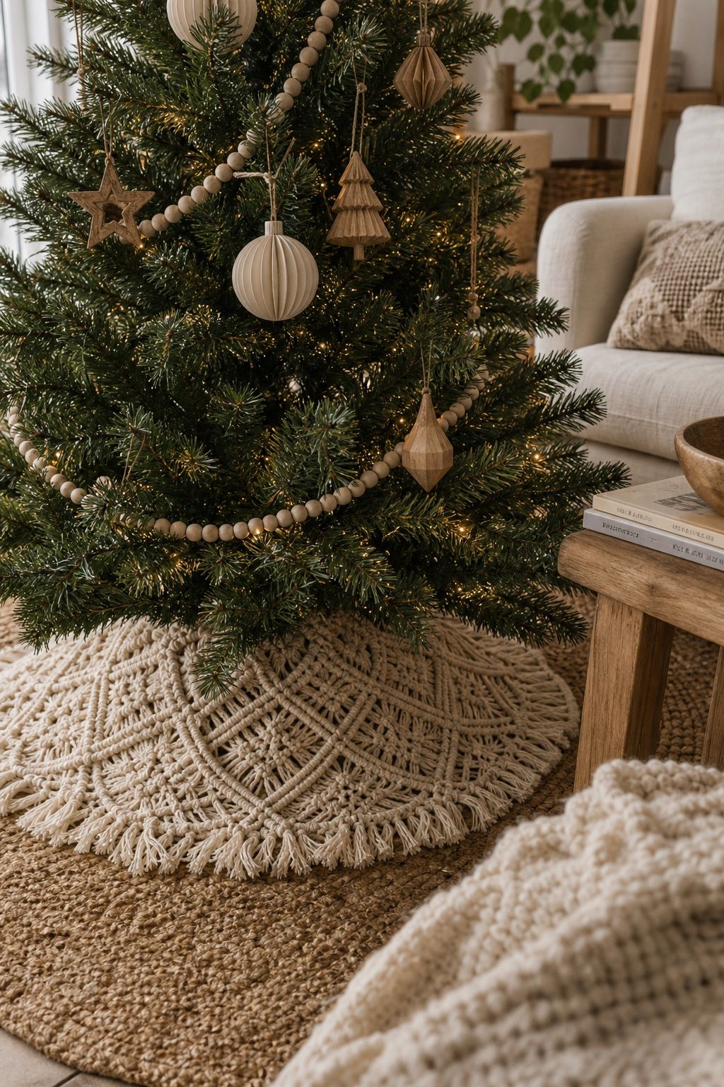 Add a Macrame or Woven Tree Skirt small apartment idea for Top 18 Boho Christmas Decor Ideas for Small Apartments.