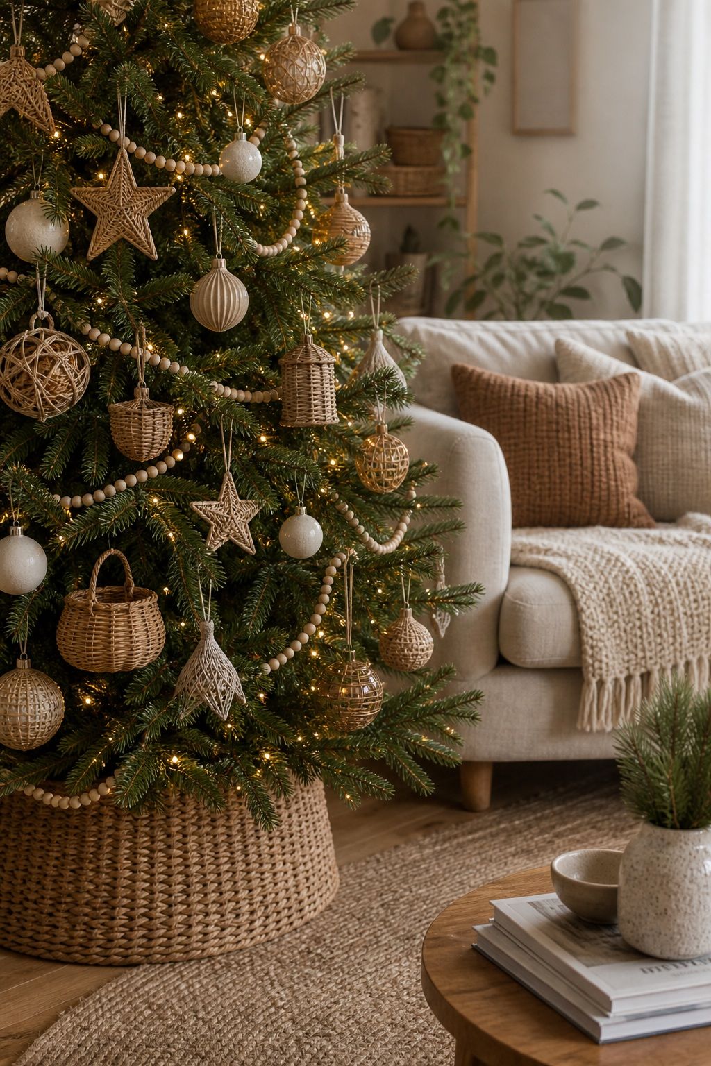 Add Rattan and Wicker Ornaments small apartment idea for Top 18 Boho Christmas Decor Ideas for Small Apartments.