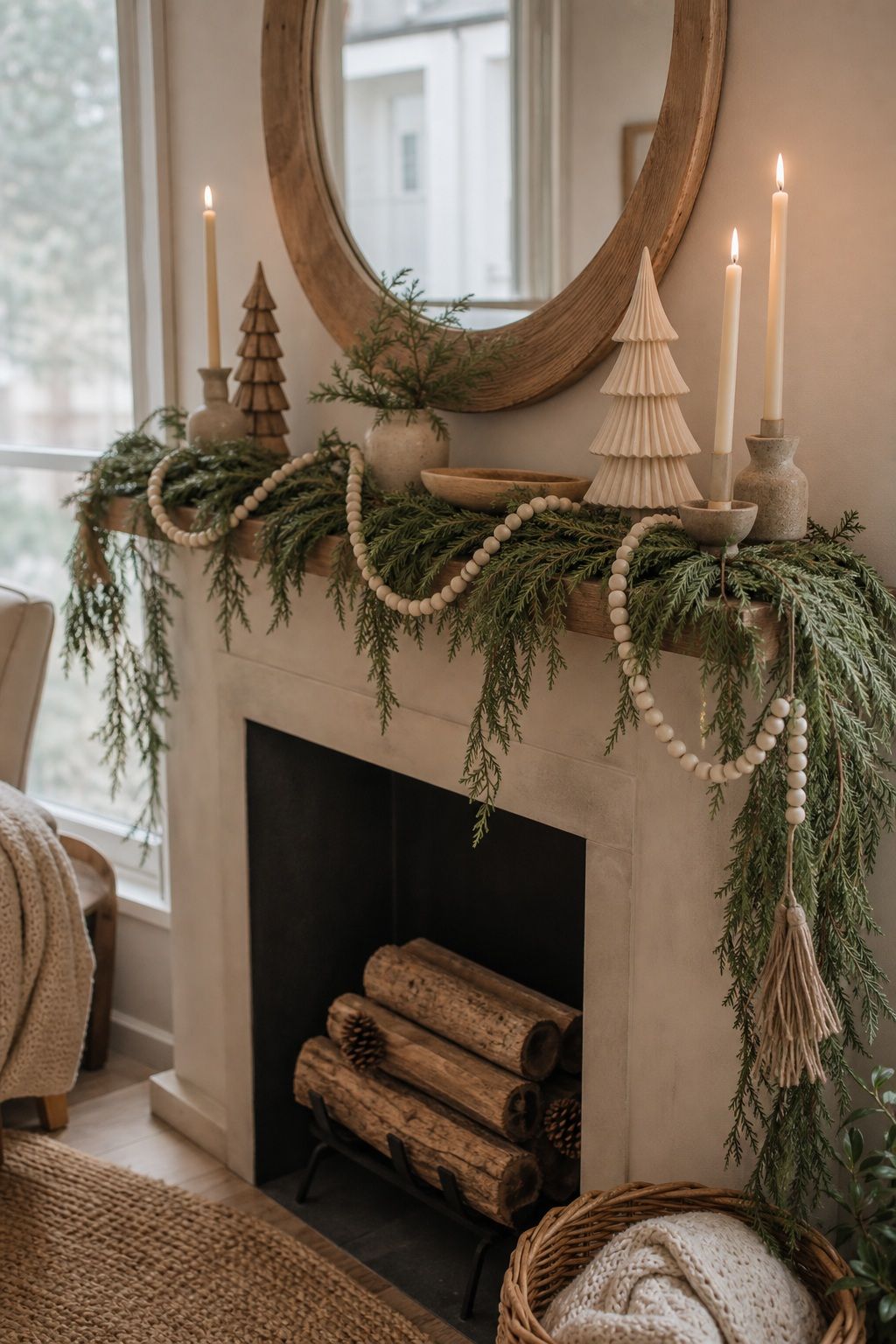 Style the Mantel With Greenery and Wood Beads small apartment idea for Top 18 Boho Christmas Decor Ideas for Small Apartments.