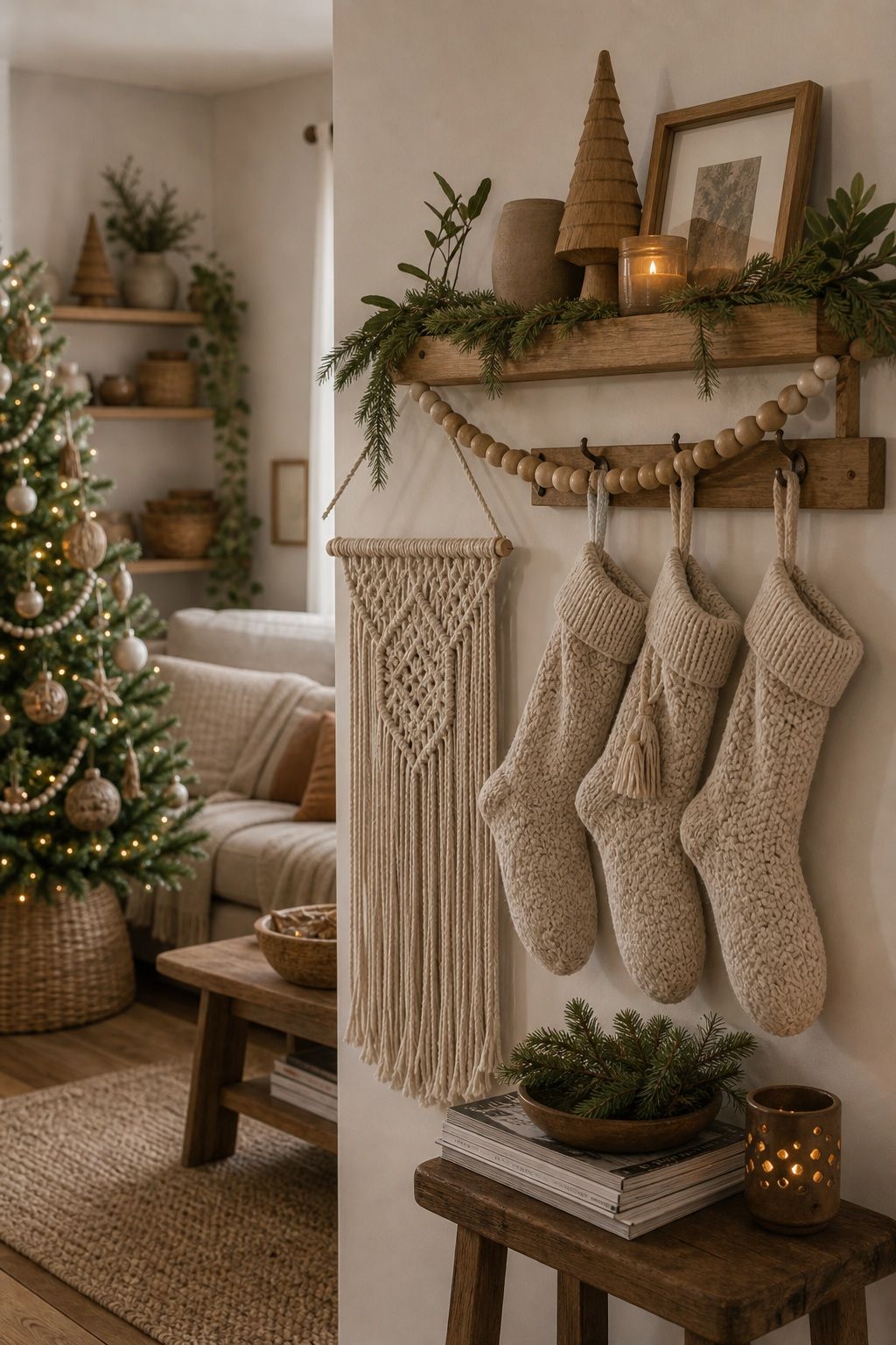 Add Macrame Wall Hangings and Stockings small apartment idea for Top 18 Boho Christmas Decor Ideas for Small Apartments.