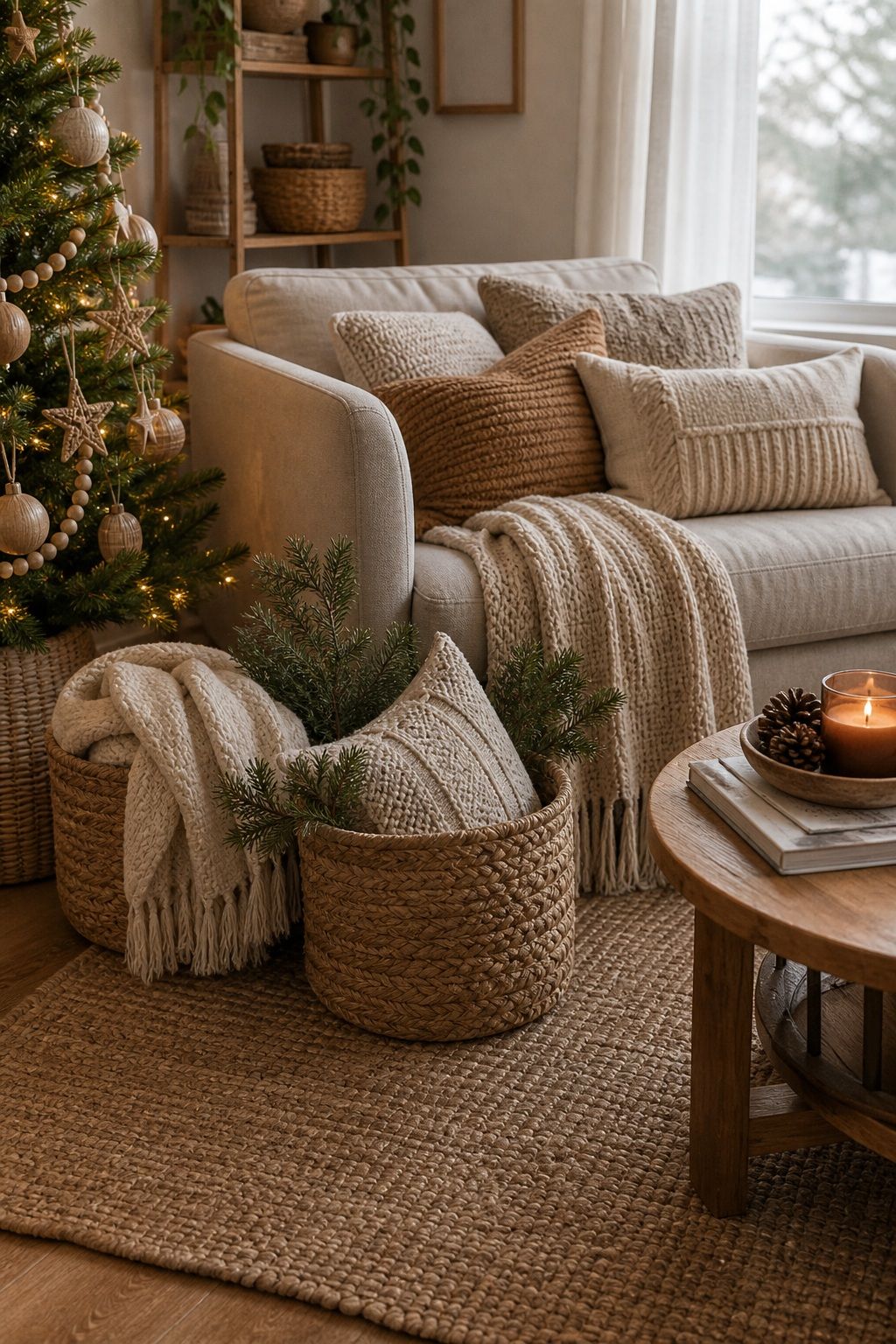 Layer Woven Baskets and Throw Pillows small apartment idea for Top 18 Boho Christmas Decor Ideas for Small Apartments.