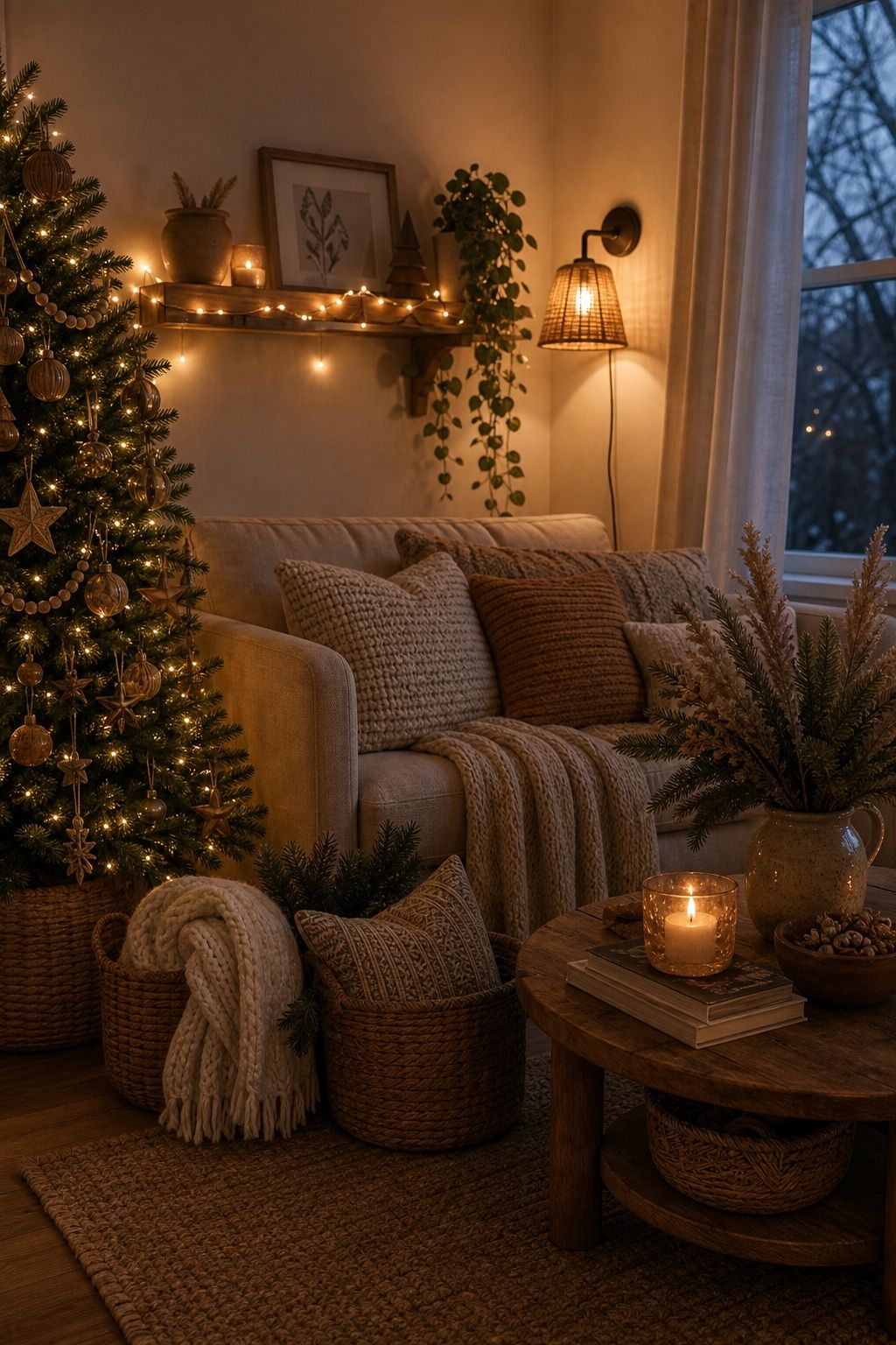 Switch to Warm, Layered Lighting small apartment idea for Top 18 Boho Christmas Decor Ideas for Small Apartments.