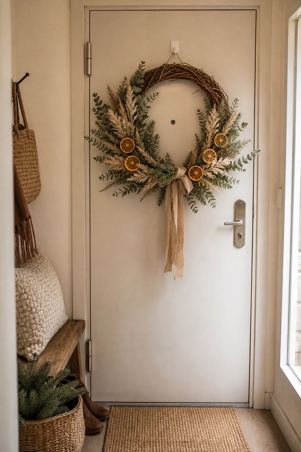 Hang a Boho Wreath on the Door small apartment idea for Top 18 Boho Christmas Decor Ideas for Small Apartments.