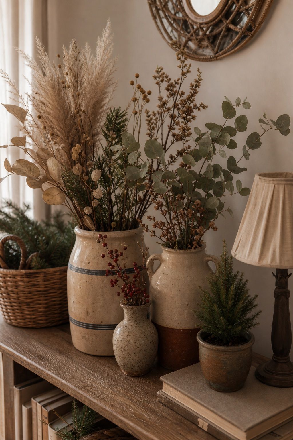 Style Thrifted Vessels With Dried Stems small apartment idea for Top 18 Boho Christmas Decor Ideas for Small Apartments.