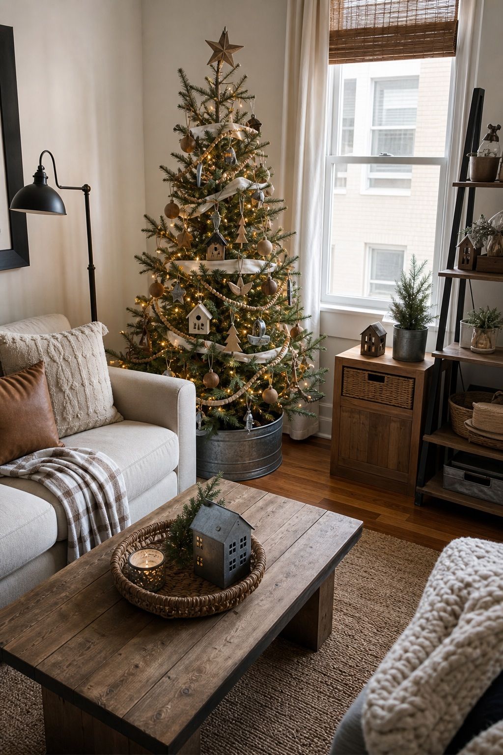 A Neutral Tree With Warm Wood and Galvanized Accents small apartment idea for Top 18 Farmhouse Christmas Decor Ideas for Small Apartments.