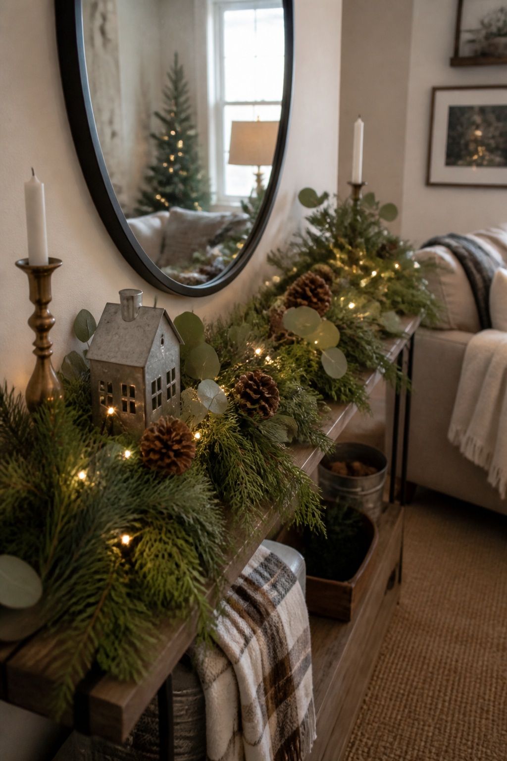 Layer a Mixed Greenery Garland small apartment idea for Top 18 Farmhouse Christmas Decor Ideas for Small Apartments.