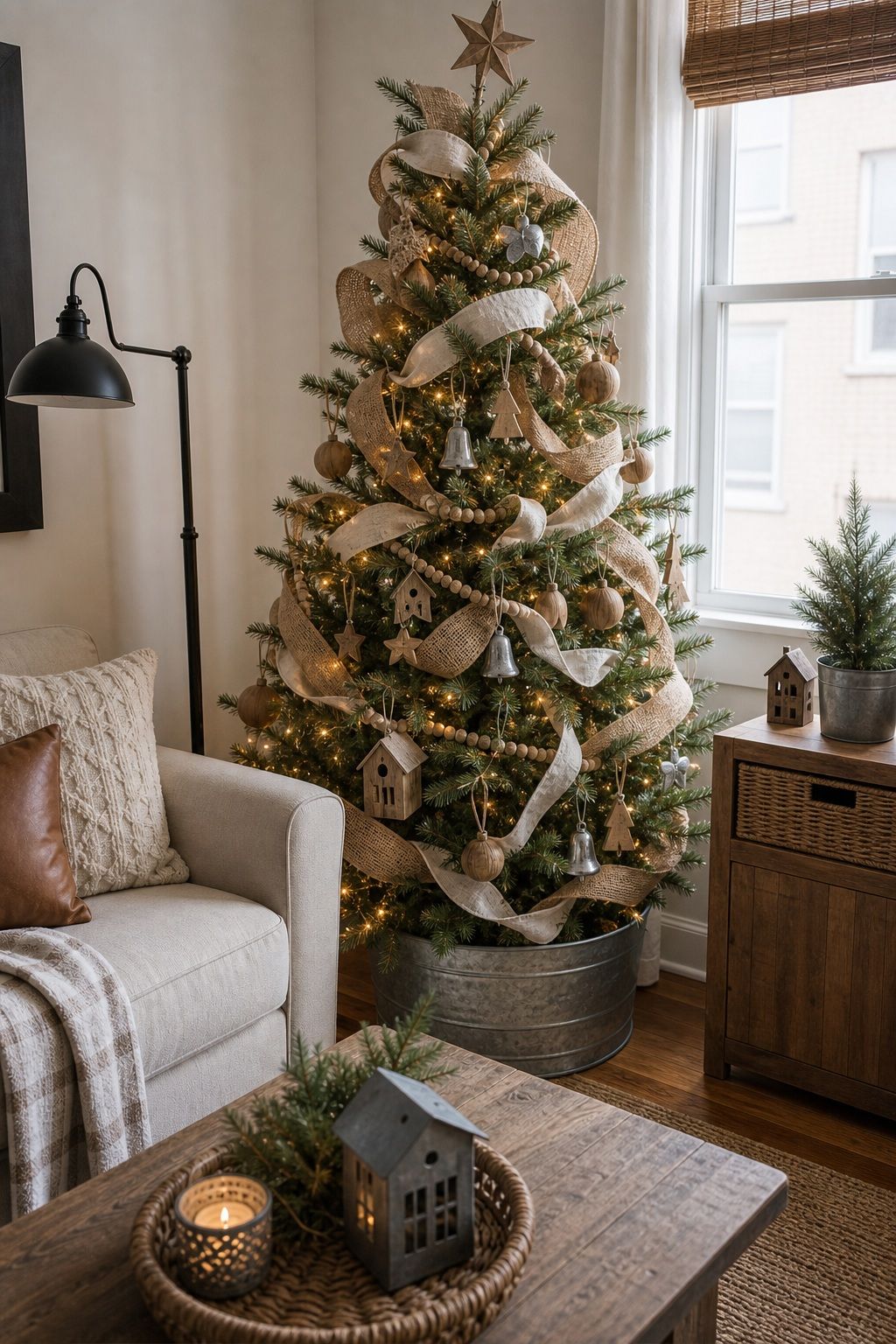 Add Burlap and Linen Ribbon small apartment idea for Top 18 Farmhouse Christmas Decor Ideas for Small Apartments.