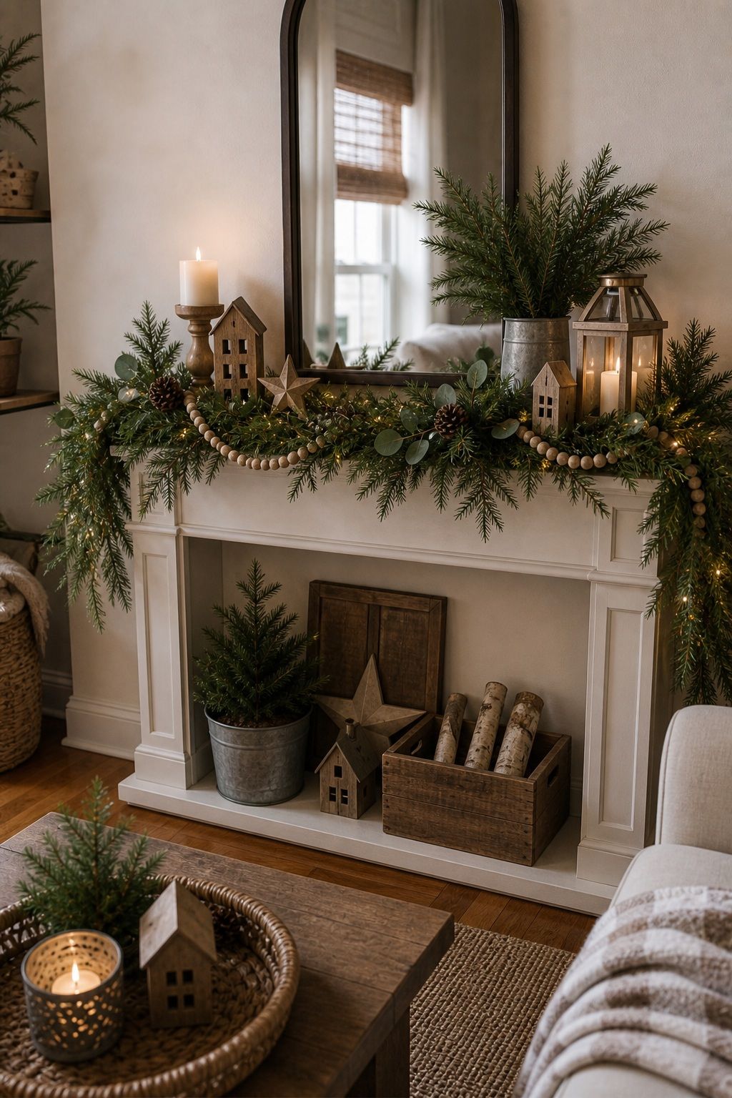 Style the Mantel With Mixed Greenery and Wood small apartment idea for Top 18 Farmhouse Christmas Decor Ideas for Small Apartments.