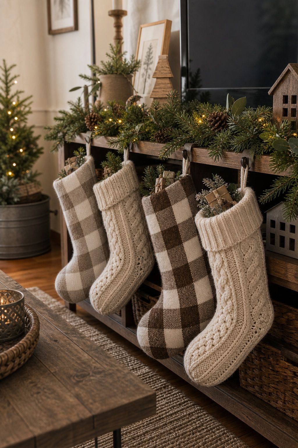 Hang Buffalo Check or Knit Stockings small apartment idea for Top 18 Farmhouse Christmas Decor Ideas for Small Apartments.