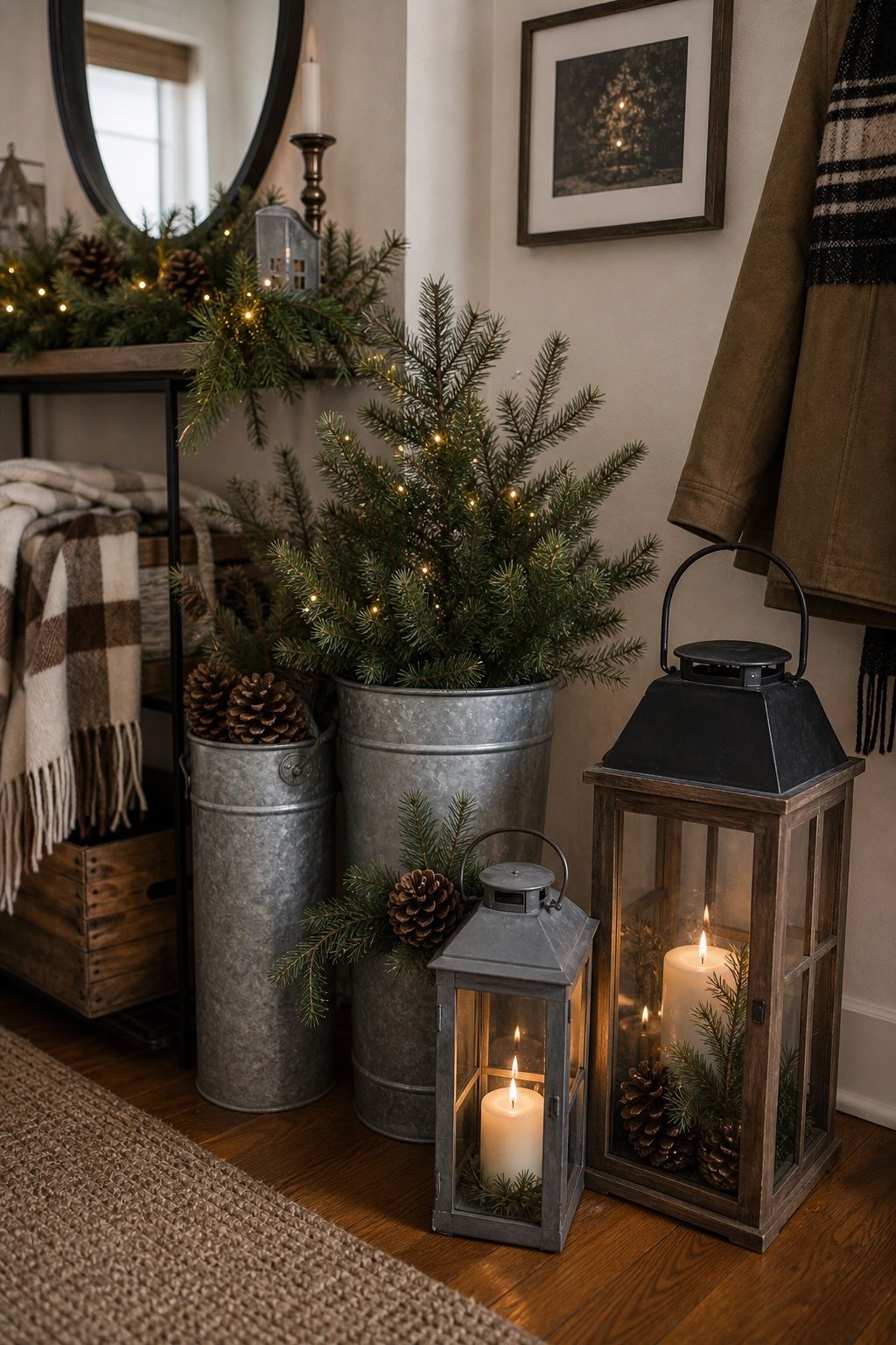 Add Galvanized Buckets and Lanterns small apartment idea for Top 18 Farmhouse Christmas Decor Ideas for Small Apartments.