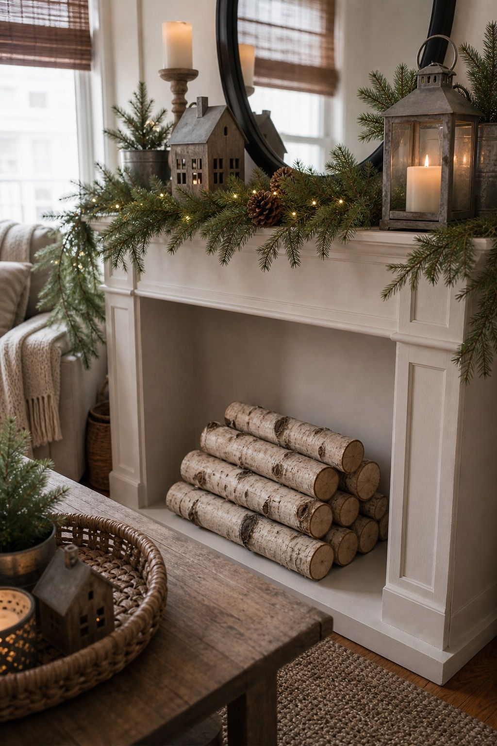 Stack Birch Logs in the Hearth small apartment idea for Top 18 Farmhouse Christmas Decor Ideas for Small Apartments.