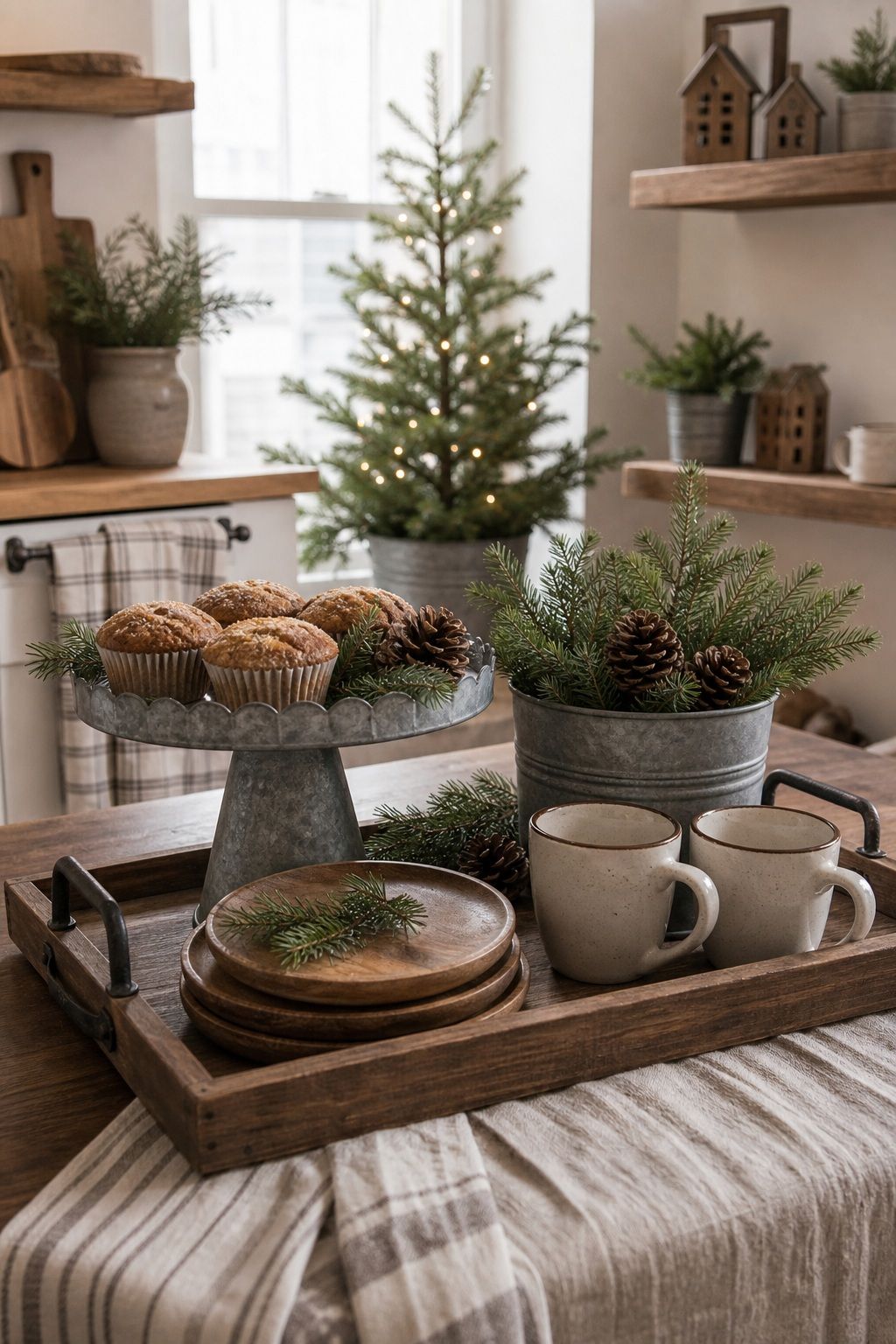 Add Galvanized and Wood Serving Pieces small apartment idea for Top 18 Farmhouse Christmas Decor Ideas for Small Apartments.
