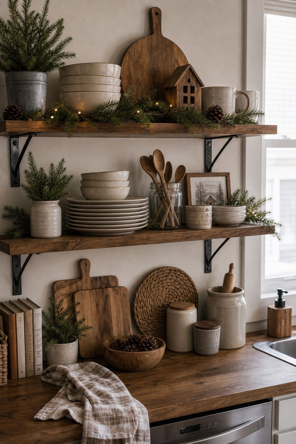 Style Open Shelving With Neutral Dishware small apartment idea for Top 18 Farmhouse Christmas Decor Ideas for Small Apartments.