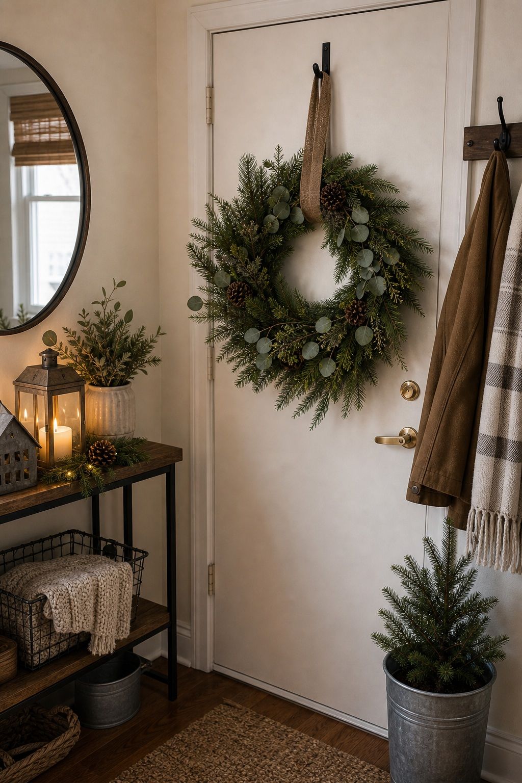 Hang a Mixed Greenery Wreath small apartment idea for Top 18 Farmhouse Christmas Decor Ideas for Small Apartments.