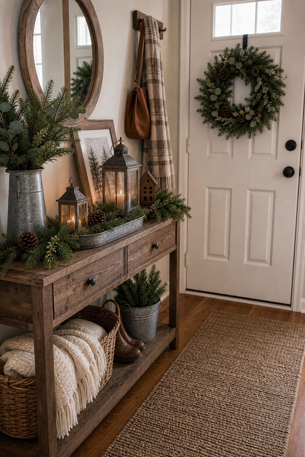 Style the Entry With Galvanized and Greenery small apartment idea for Top 18 Farmhouse Christmas Decor Ideas for Small Apartments.