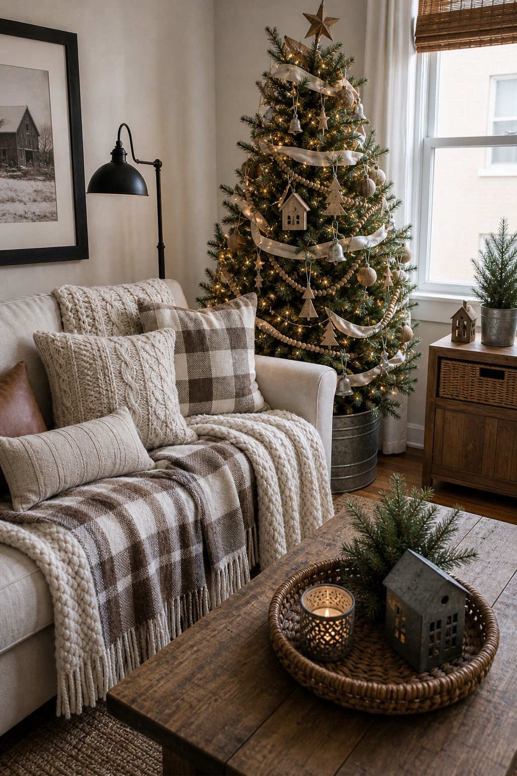 Add Cozy Knit and Plaid Textiles small apartment idea for Top 18 Farmhouse Christmas Decor Ideas for Small Apartments.