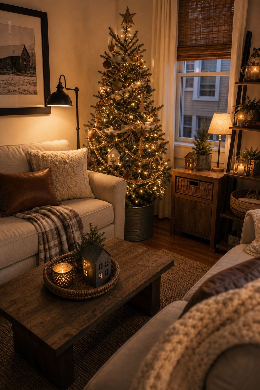 Switch to Warm, Layered Lighting small apartment idea for Top 18 Farmhouse Christmas Decor Ideas for Small Apartments.