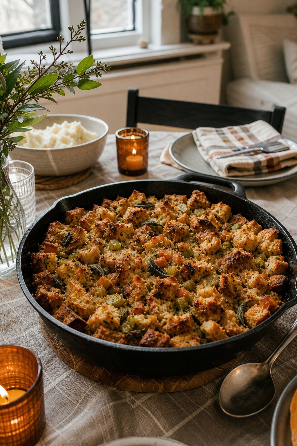 A Showpiece Stuffing Baked in a Skillet small apartment idea for Top 18 Friendsgiving Dishes to Impress Your Guests.