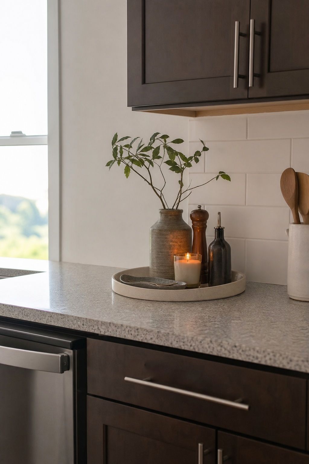 Anchor the Counter With a Tray small apartment idea for Top 19 Kitchen Counter Decor Ideas for Small Apartments.