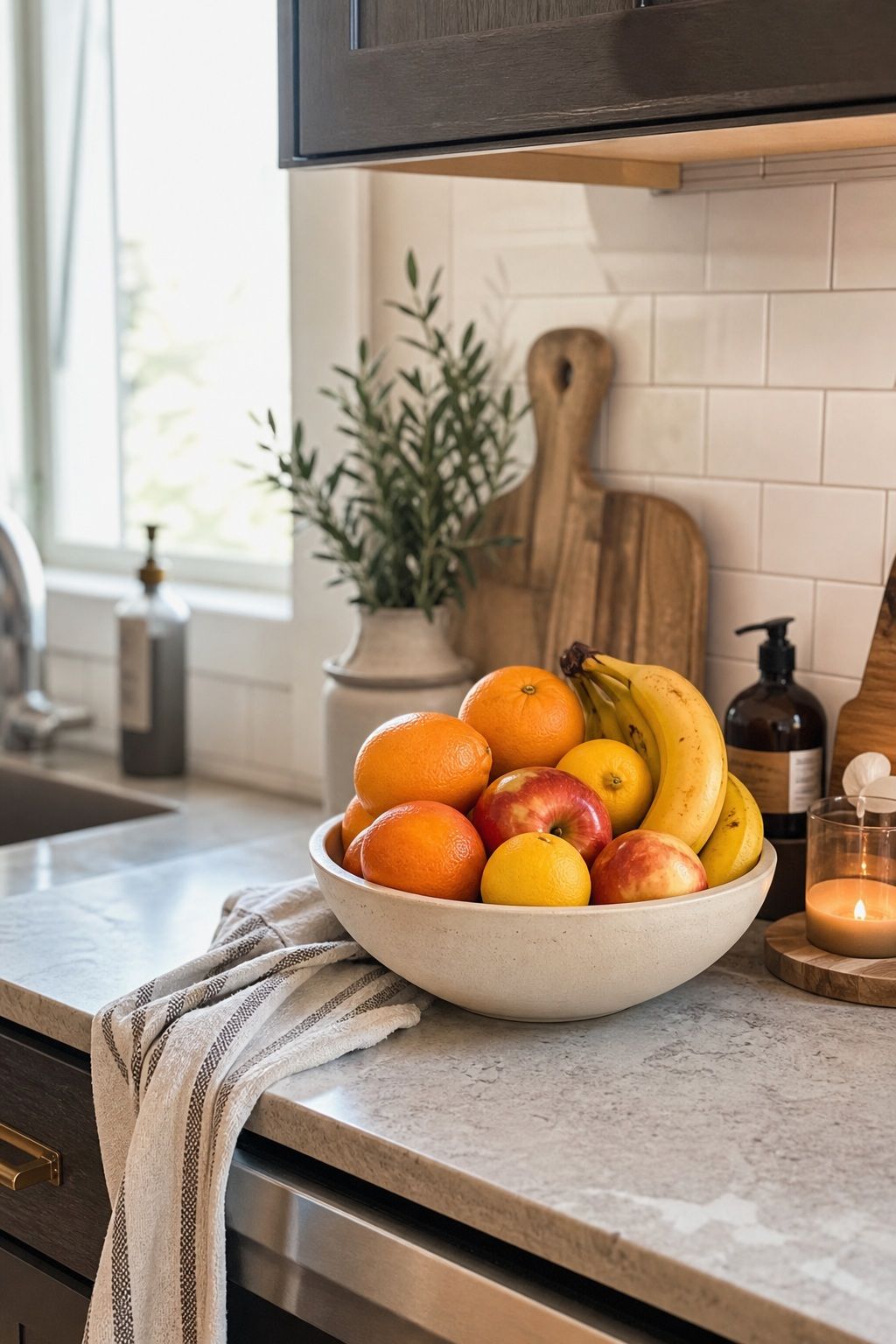 Use a Fruit Bowl as Functional Decor small apartment idea for Top 19 Kitchen Counter Decor Ideas for Small Apartments.