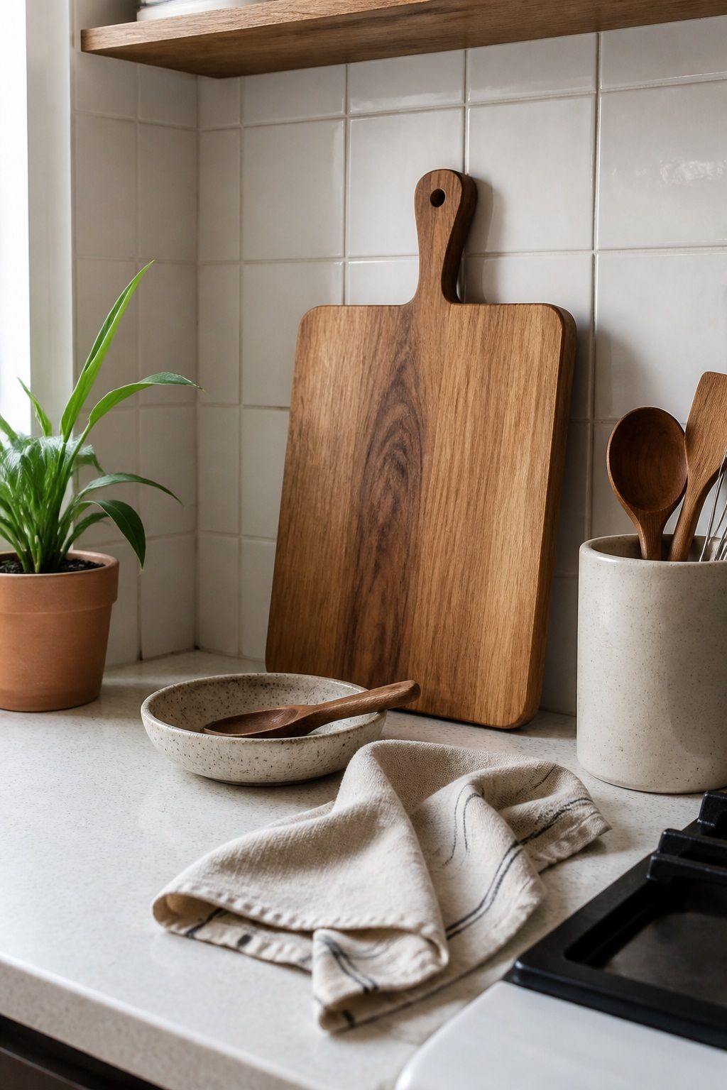 Add a Wood Cutting Board as a Lean small apartment idea for Top 19 Kitchen Counter Decor Ideas for Small Apartments.