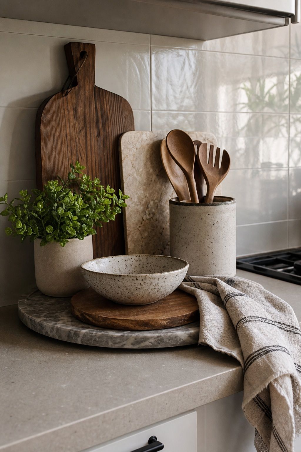 Layer Wood, Ceramic, and Stone small apartment idea for Top 19 Kitchen Counter Decor Ideas for Small Apartments.