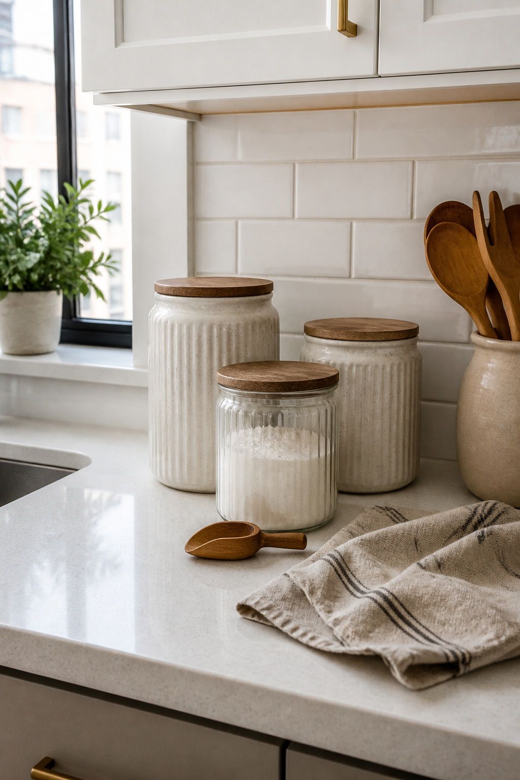 Use Canisters for Cohesive Texture small apartment idea for Top 19 Kitchen Counter Decor Ideas for Small Apartments.