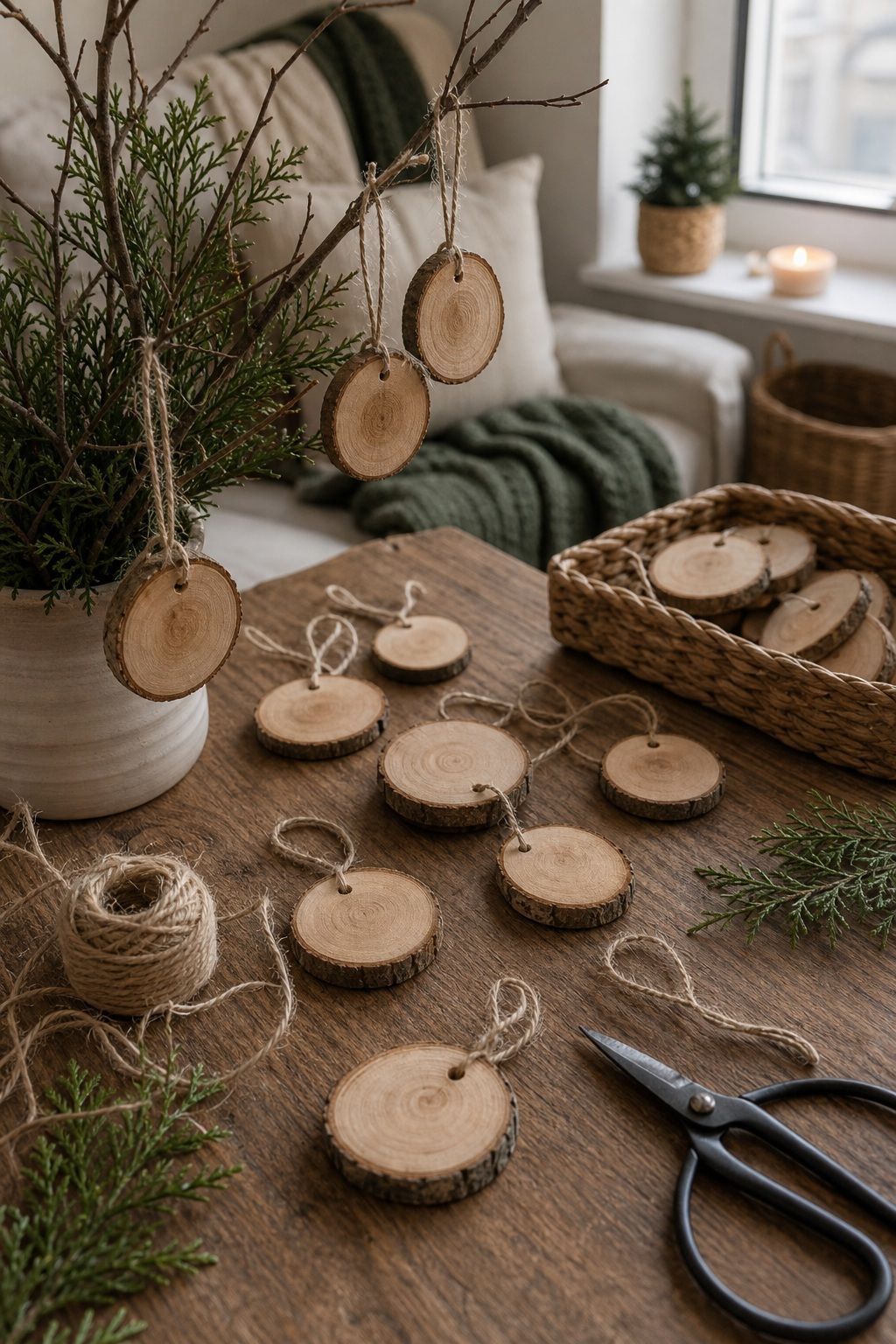Cut Wood Slice Ornaments small apartment idea for Top 17 Natural Christmas Decor Ideas for Small Apartments.