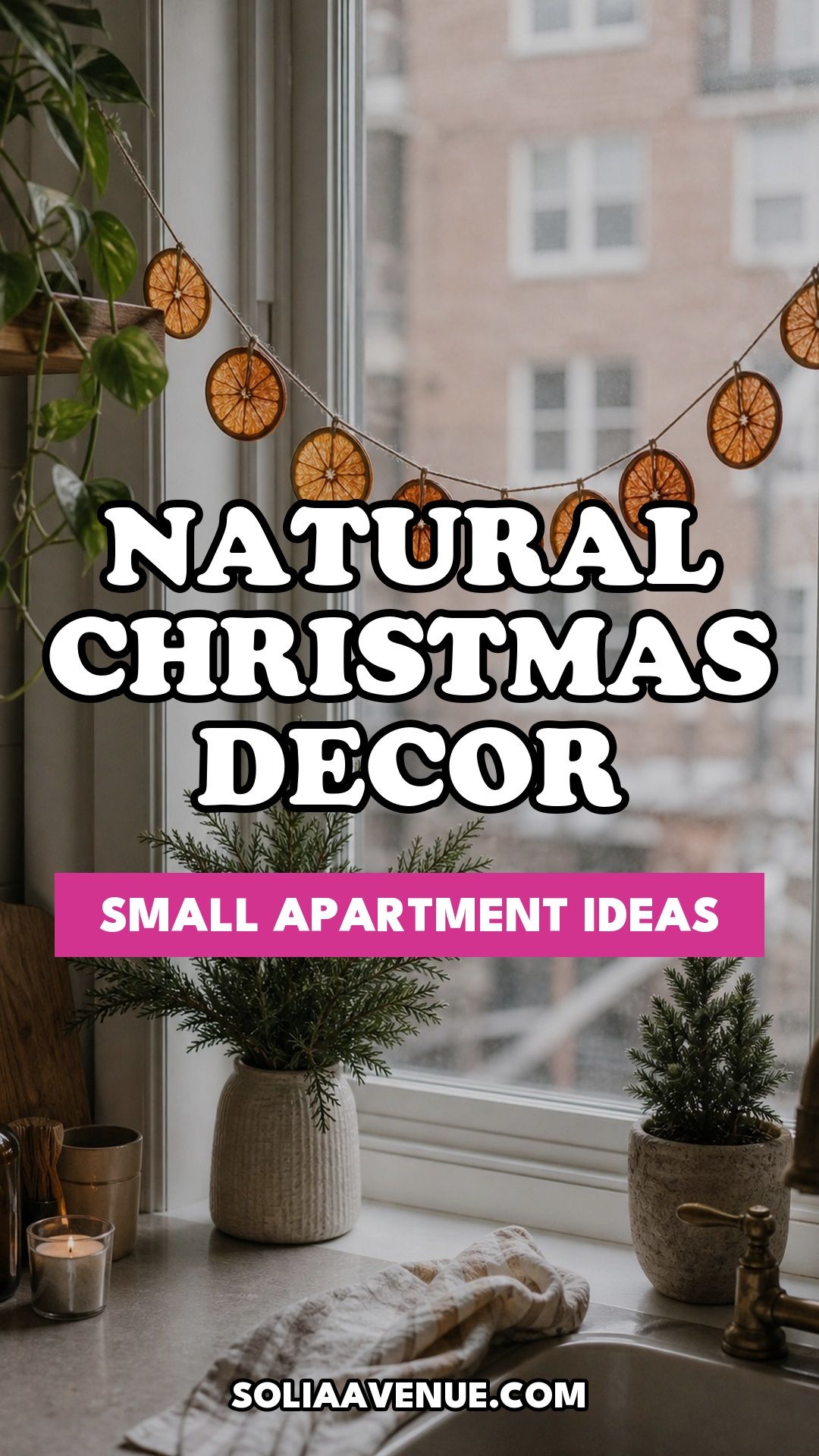 Pinterest pin for Top 17 Natural Christmas Decor Ideas for Small Apartments from Solia Avenue.