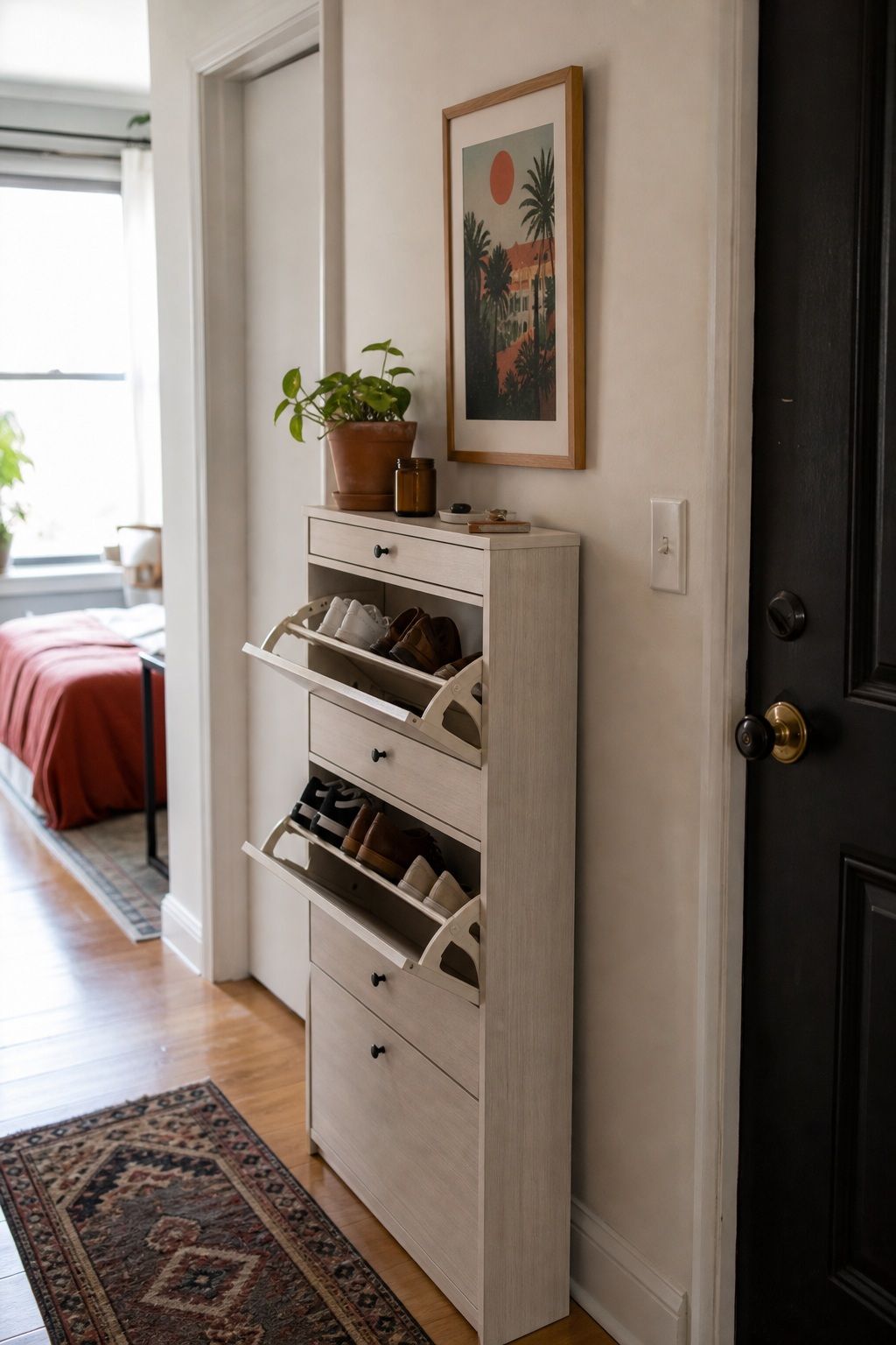 Narrow Entryway Shoe Cabinet small apartment idea for Top 18 Small Apartment Shoe Storage Ideas That Actually Work.