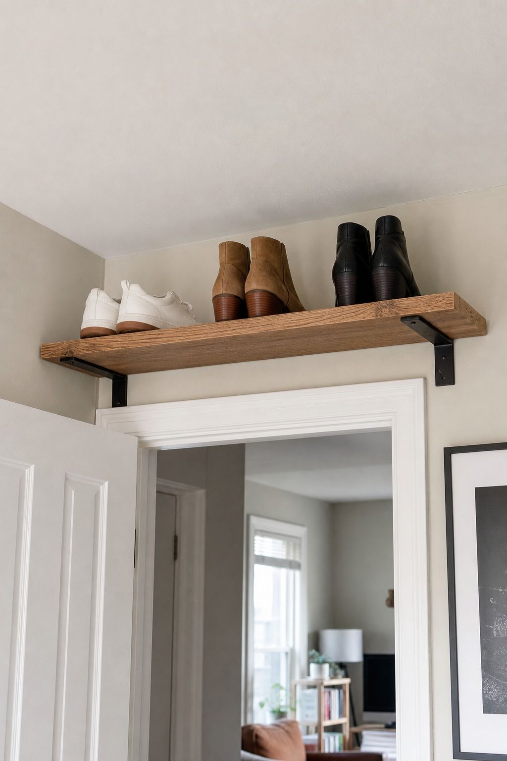 Floating Shelf Above the Door Frame small apartment idea for Top 18 Small Apartment Shoe Storage Ideas That Actually Work.
