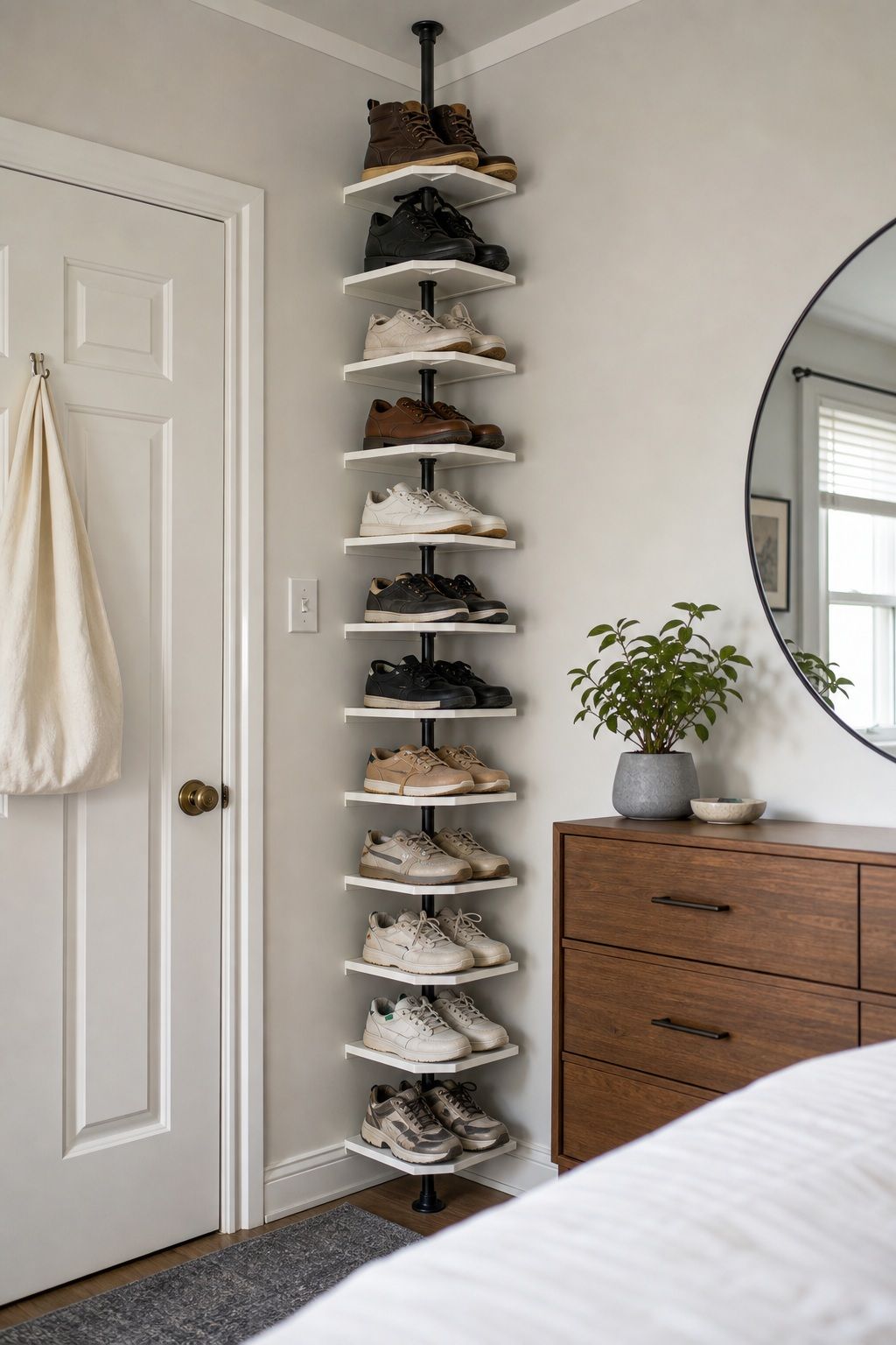 Floor-to-Ceiling Shoe Tower small apartment idea for Top 18 Small Apartment Shoe Storage Ideas That Actually Work.