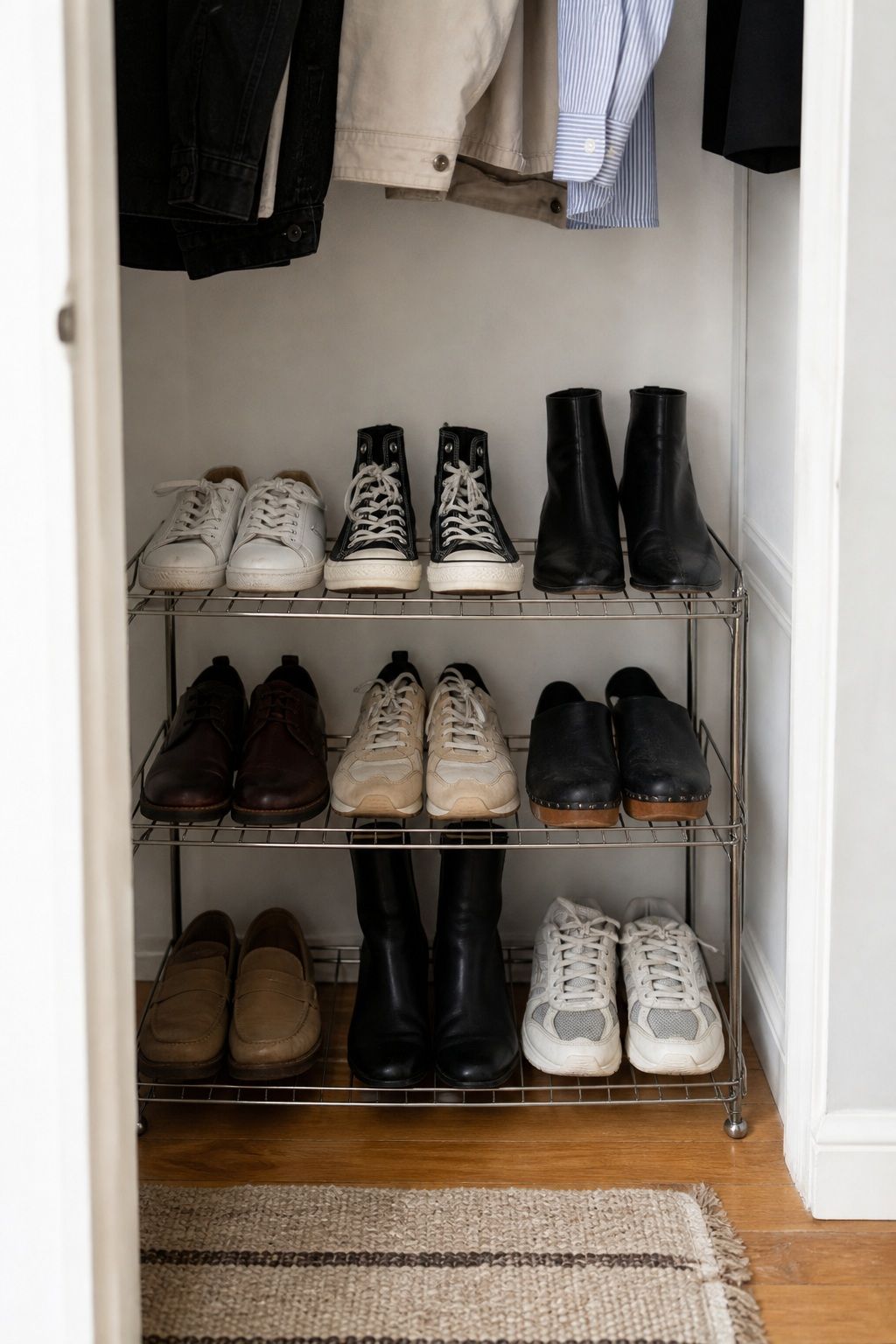 Stacked Wire Shoe Racks small apartment idea for Top 18 Small Apartment Shoe Storage Ideas That Actually Work.