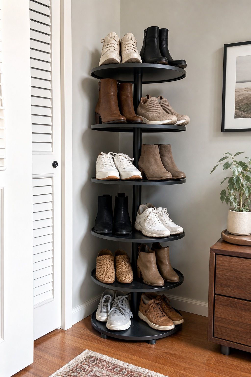 Rotating Carousel Shoe Rack small apartment idea for Top 18 Small Apartment Shoe Storage Ideas That Actually Work.