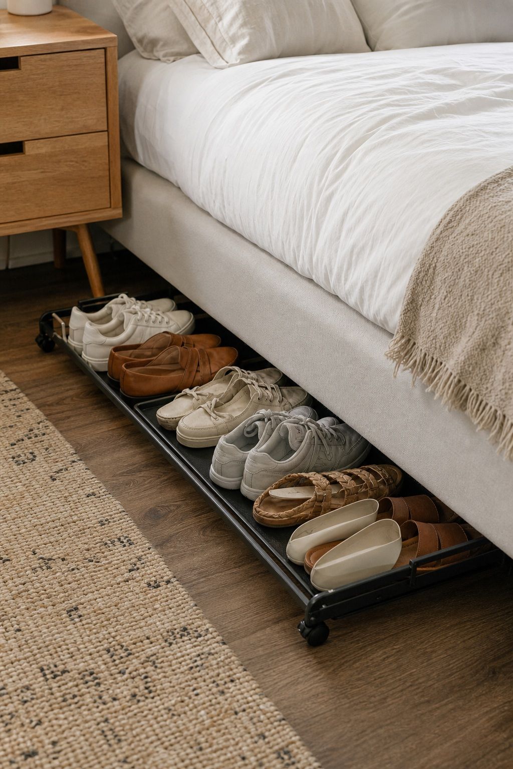Flat Rolling Under-Bed Shoe Rack small apartment idea for Top 18 Small Apartment Shoe Storage Ideas That Actually Work.