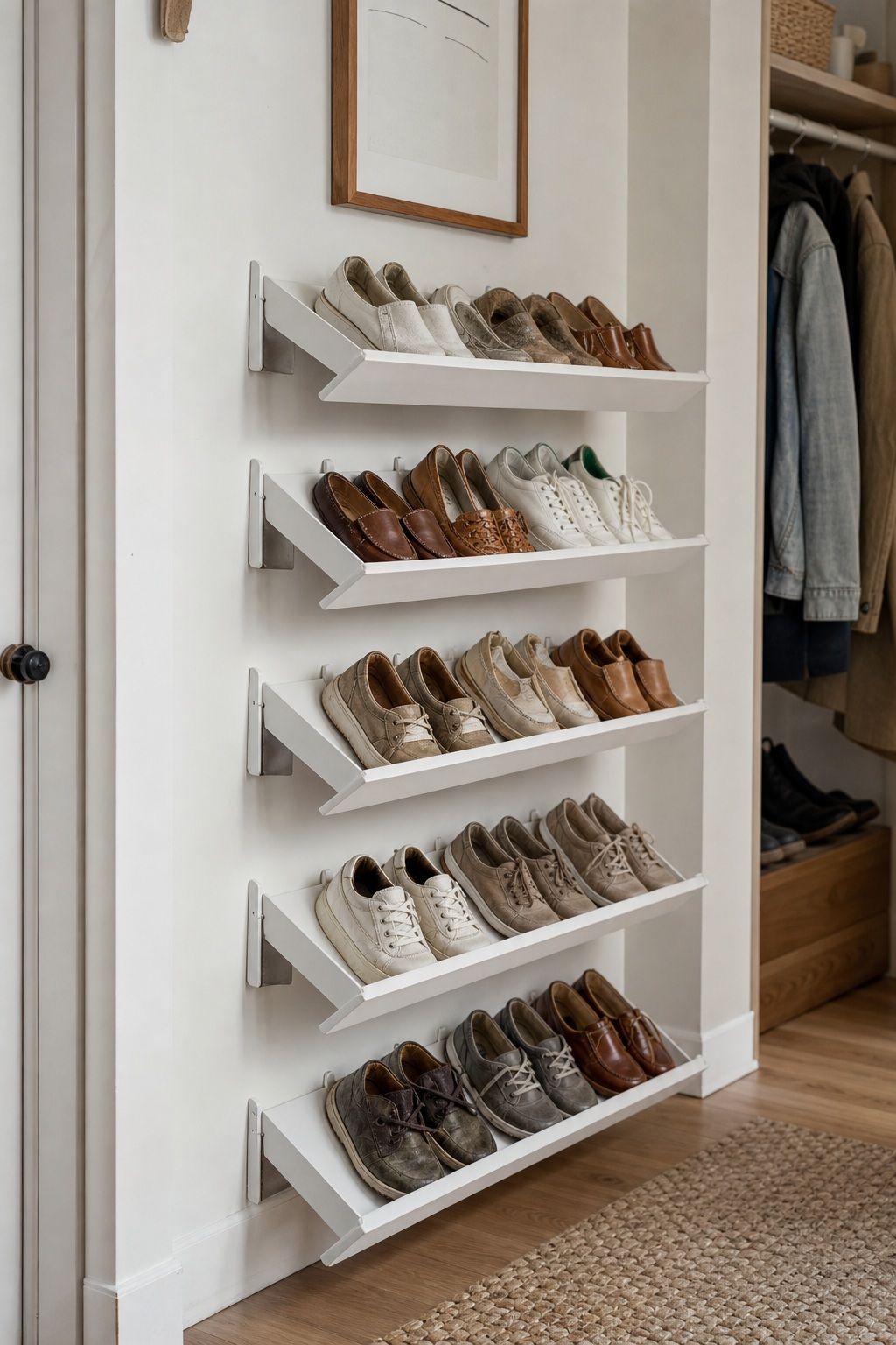 Wall-Mounted Angled Shoe Shelves small apartment idea for Top 18 Small Apartment Shoe Storage Ideas That Actually Work.