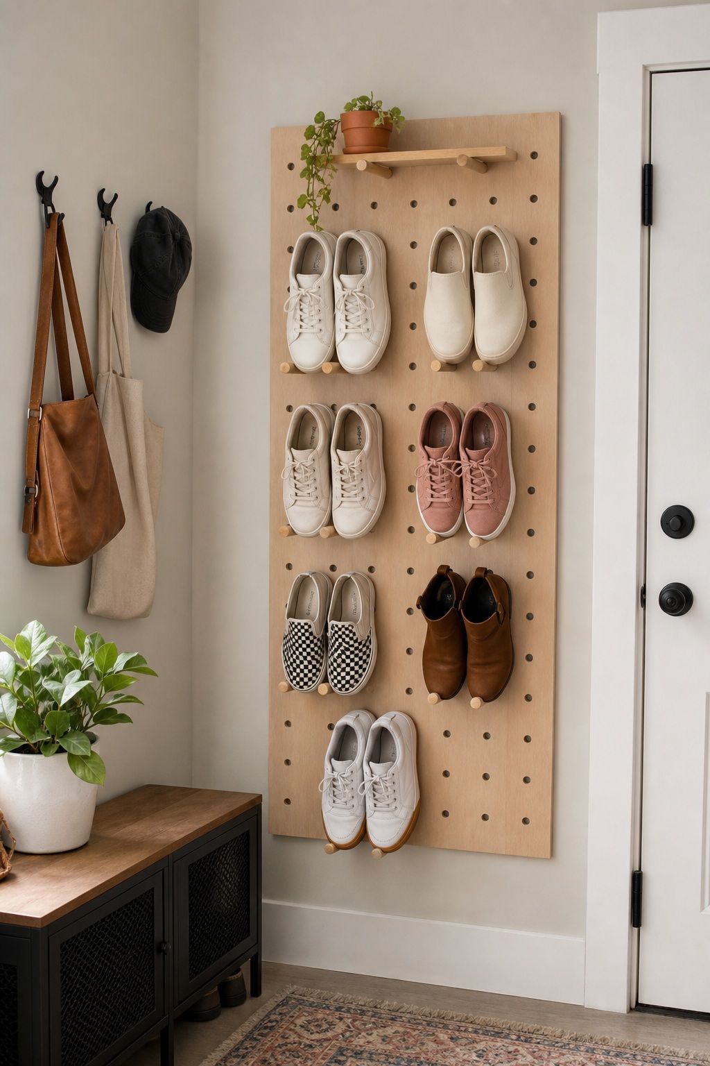 Pegboard Shoe Display small apartment idea for Top 18 Small Apartment Shoe Storage Ideas That Actually Work.