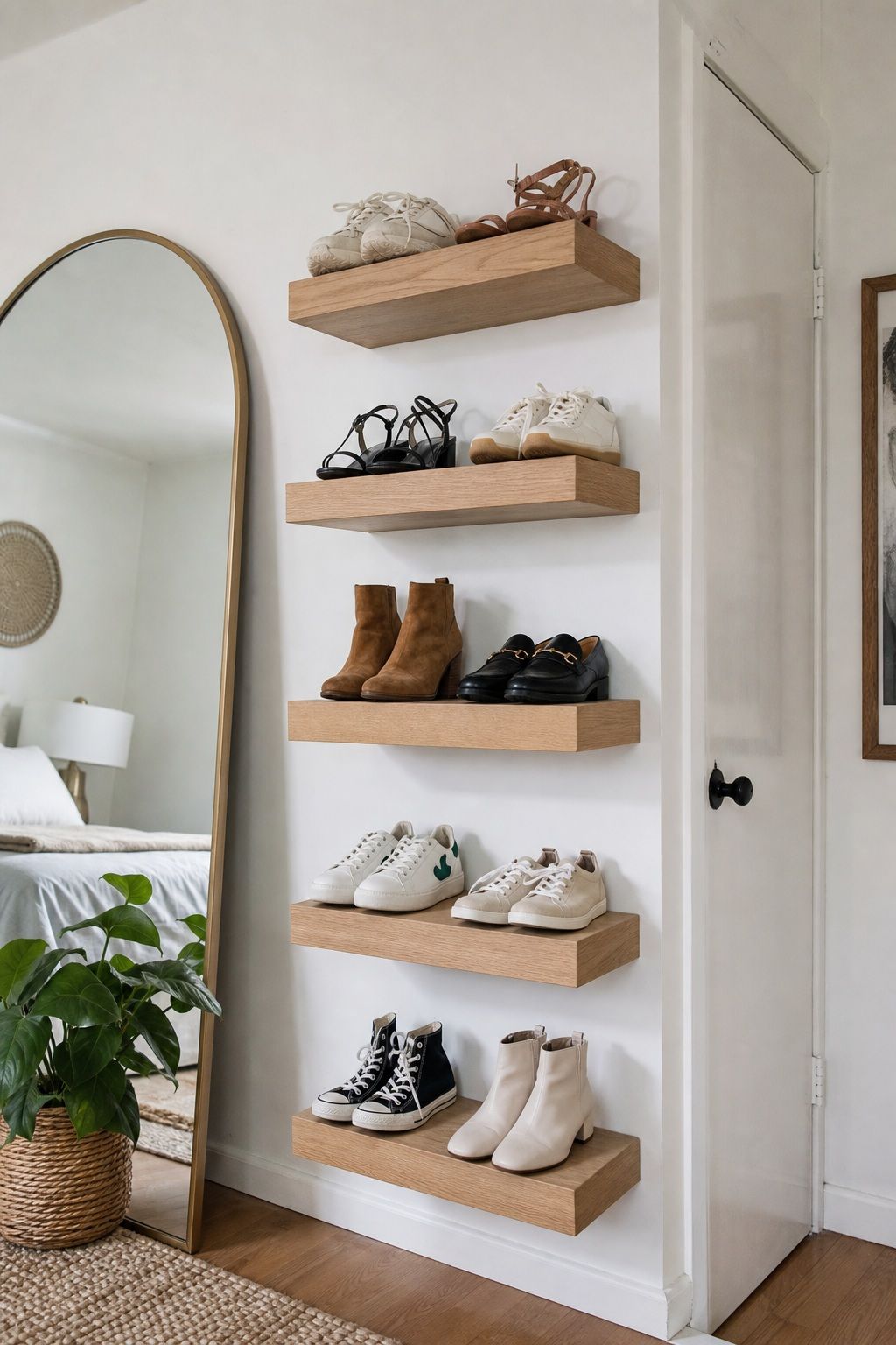 Floating Shelves as Shoe Display small apartment idea for Top 18 Small Apartment Shoe Storage Ideas That Actually Work.