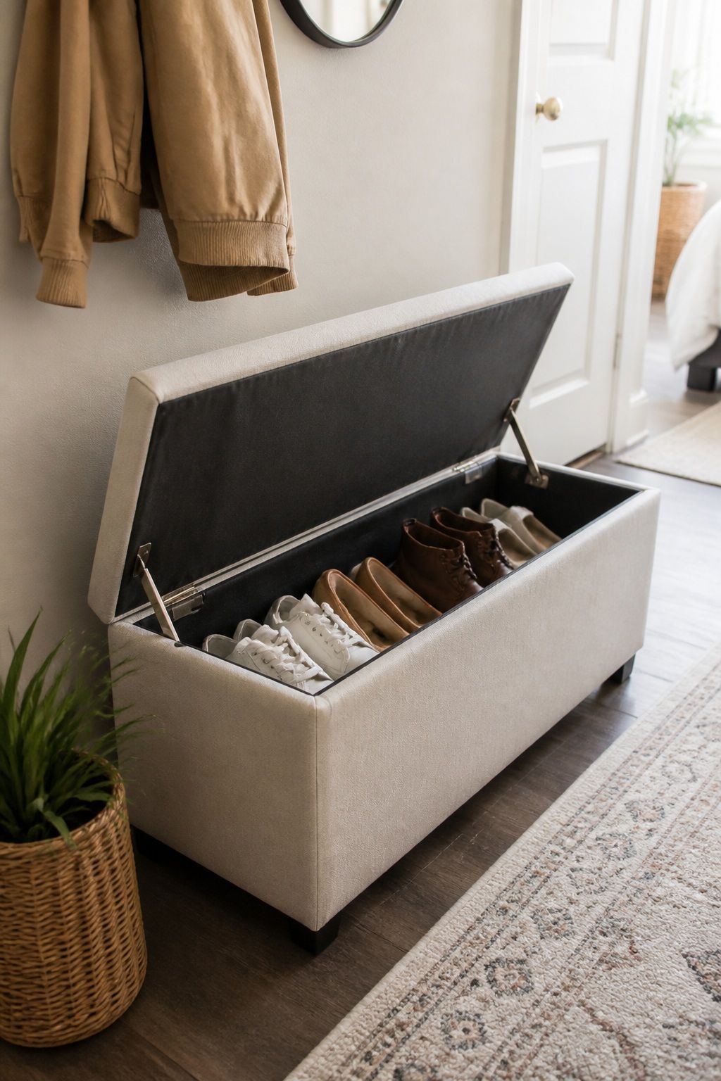 Storage Ottoman Bench small apartment idea for Top 18 Small Apartment Shoe Storage Ideas That Actually Work.