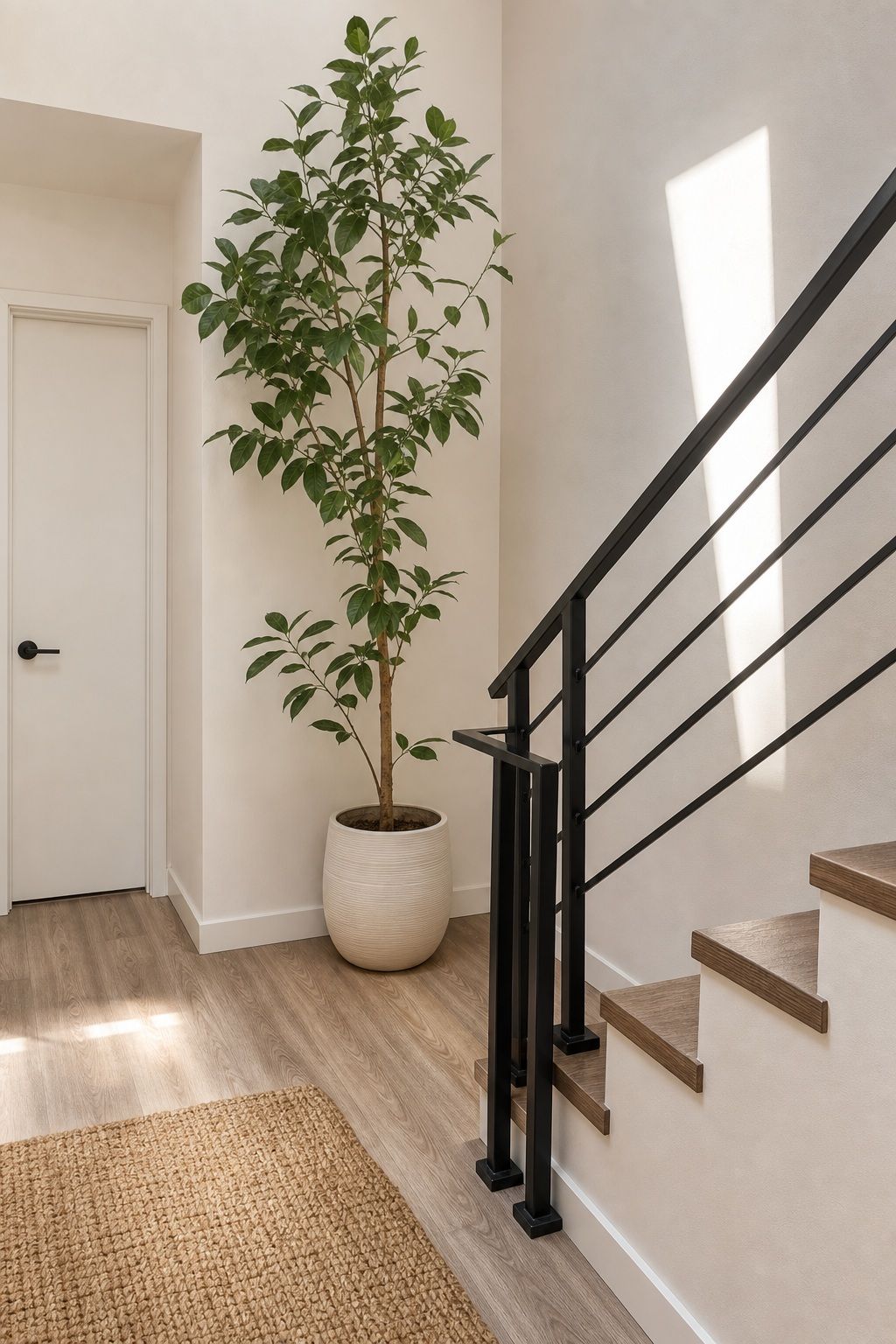 Add One Tall Statement Plant small apartment idea for Top 16 Stair Corner Decor Ideas for Small Apartments.
