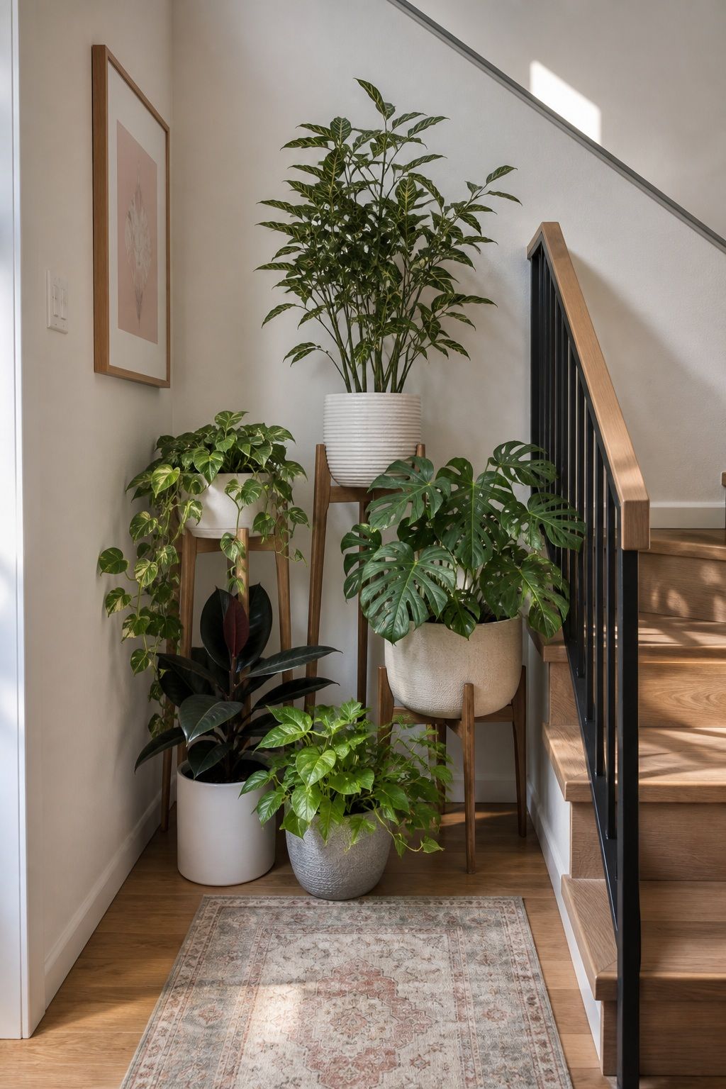 Build a Vertical Plant Cluster small apartment idea for Top 16 Stair Corner Decor Ideas for Small Apartments.